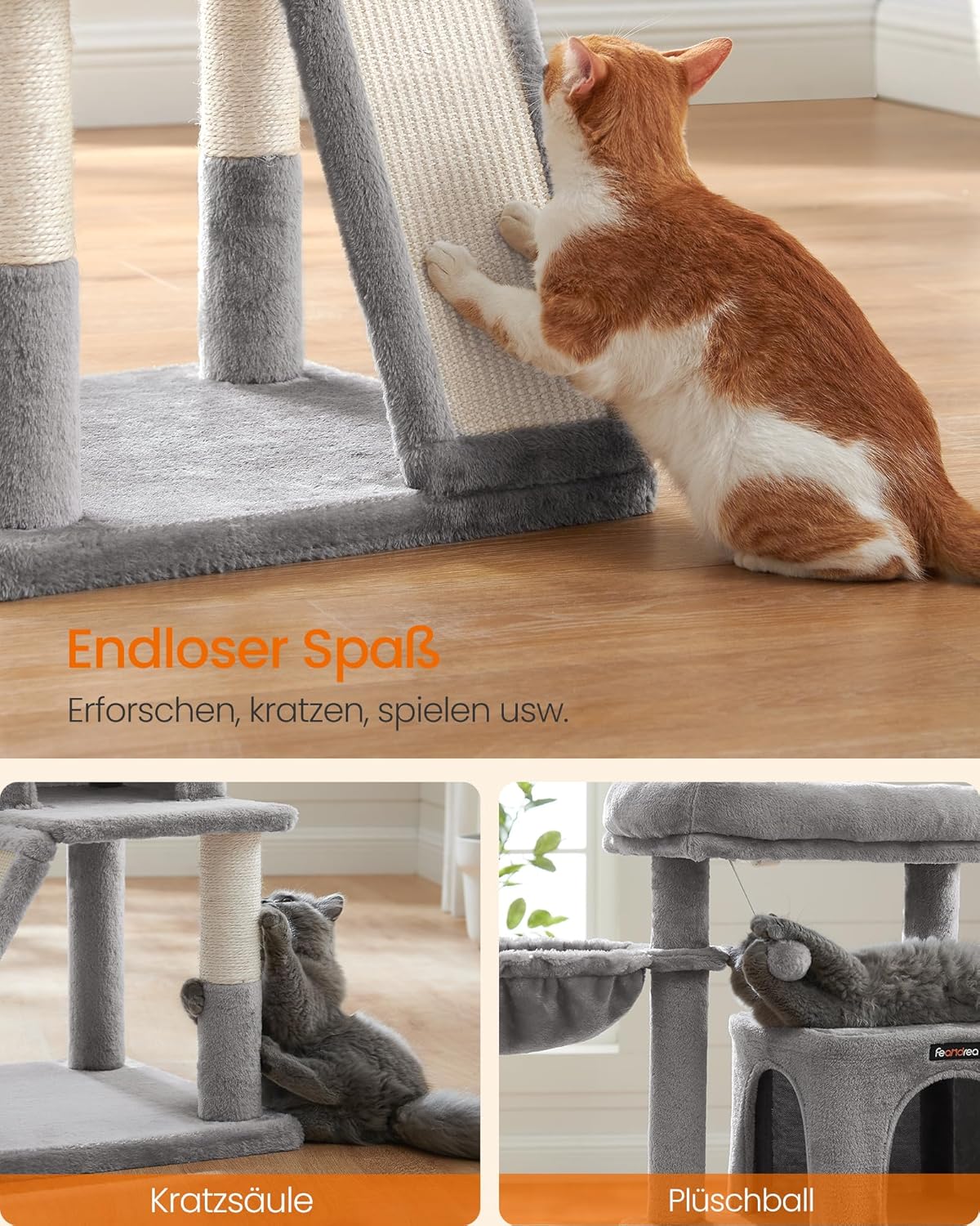 Thumbnail 6 de Feandrea Kratzbaum 96 cm hoch – großer Katzenbaum mit Höhle, Hängematte und Kratzrampe