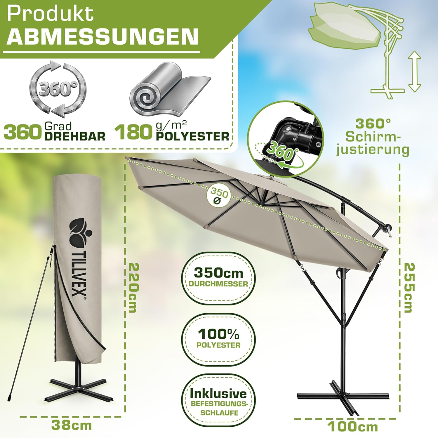 Thumbnail 1 de tillvex Alu Sonnenschirm 3 m Ø mit Kurbel und Abdeckung – Ampelschirm mit Ständer, Windschutz und 360° Drehung