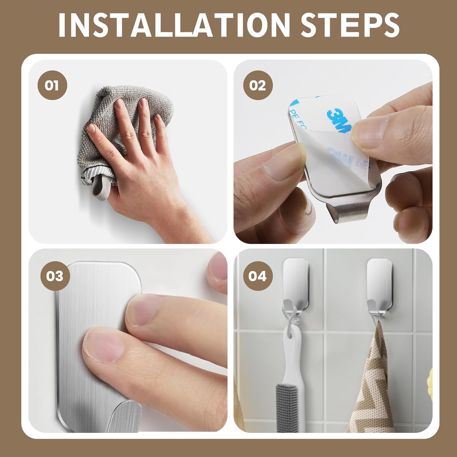 Thumbnail 6 de MACOLE Small Self Adhesive Hooks — 8 pack, 304 stainless steel, no-drill 3kg load