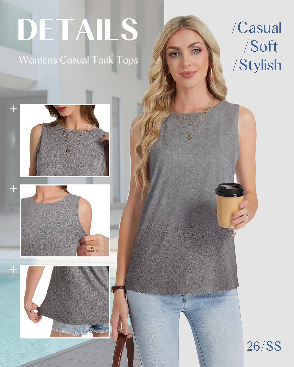 Detalle de GAYHAY 3 Pack Women's Tank Tops – Crew Neck Sleeveless, Loose Fit, Lightweight Summer Essentials