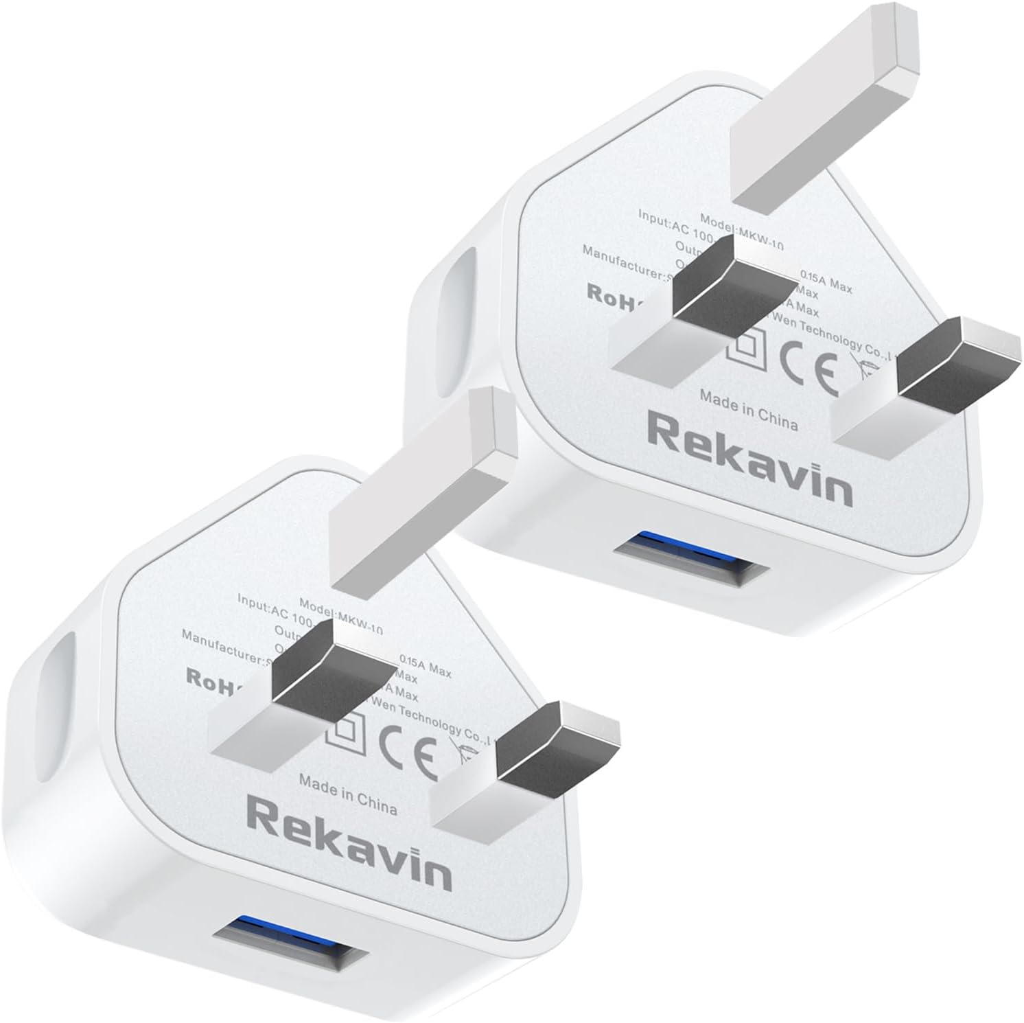 Detalle de Rekavin USB Plug Adaptor UK 2-Pack: Dual USB 5W/1A Charger Heads for iPhone & iPad