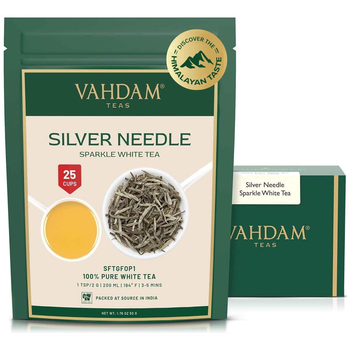 Detalle de VAHDAM Silver Needle Weißtee (50 g) – 100% reine Weißteeknospen, wenig Koffein, vakuumversiegelt