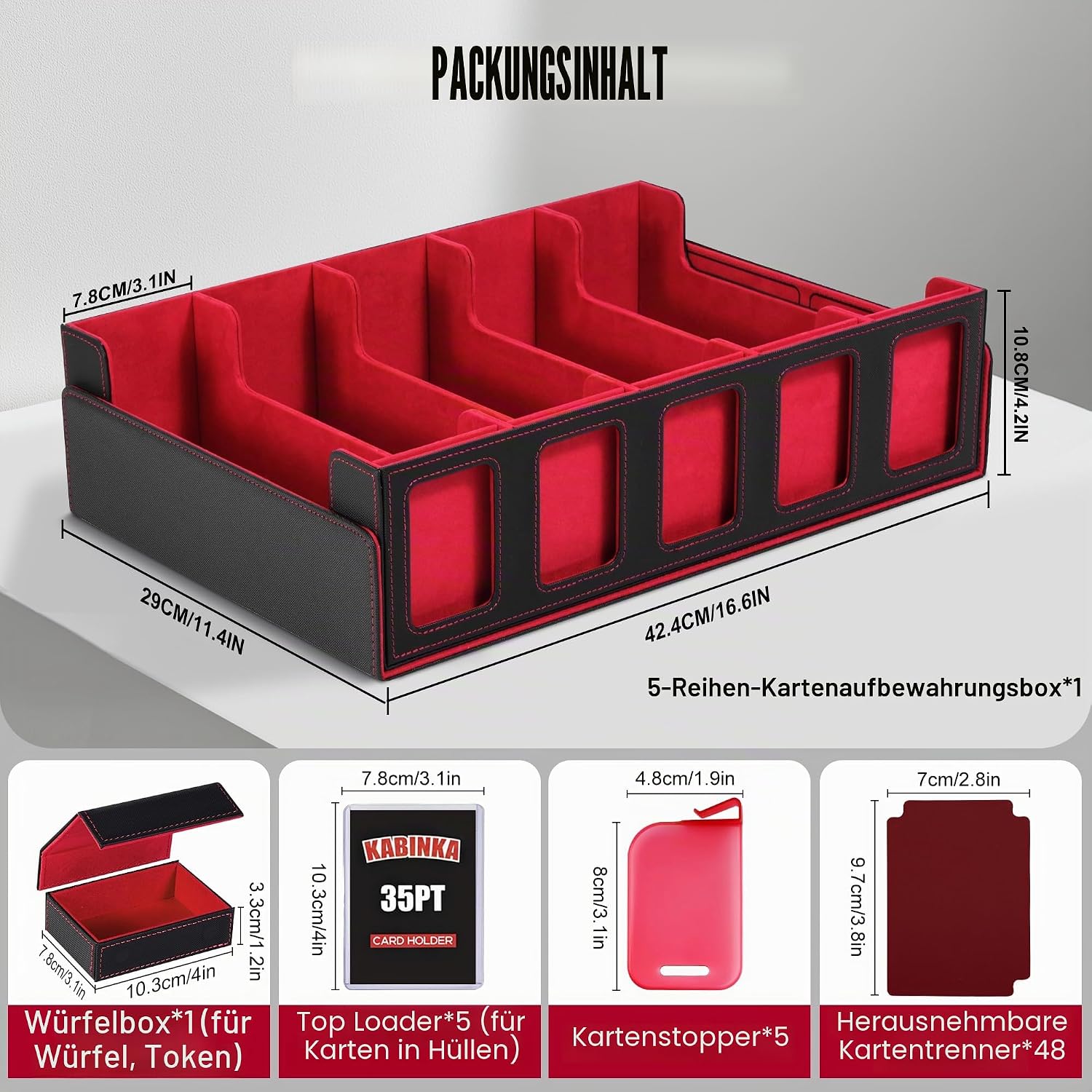 Detalle de Sammelkarten-Aufbewahrungsbox mit Commander-Display – 5‑reihe Deckgehäuse (3900+ Karten), Toploader inkl. Trennwände