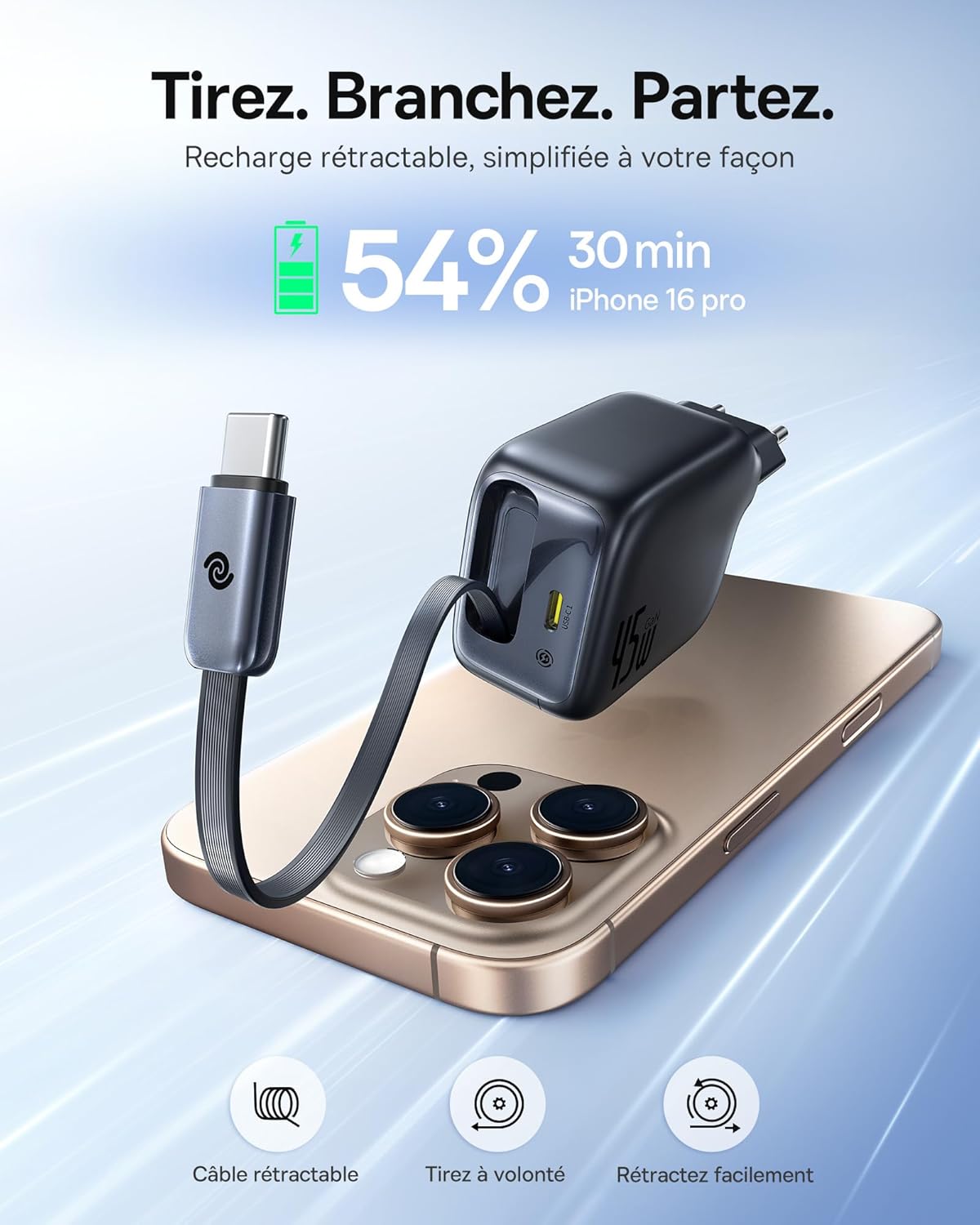 Detalle de Chargeur USB‑C 45W Baseus Enercore avec câble intégré – charge rapide et rétractable