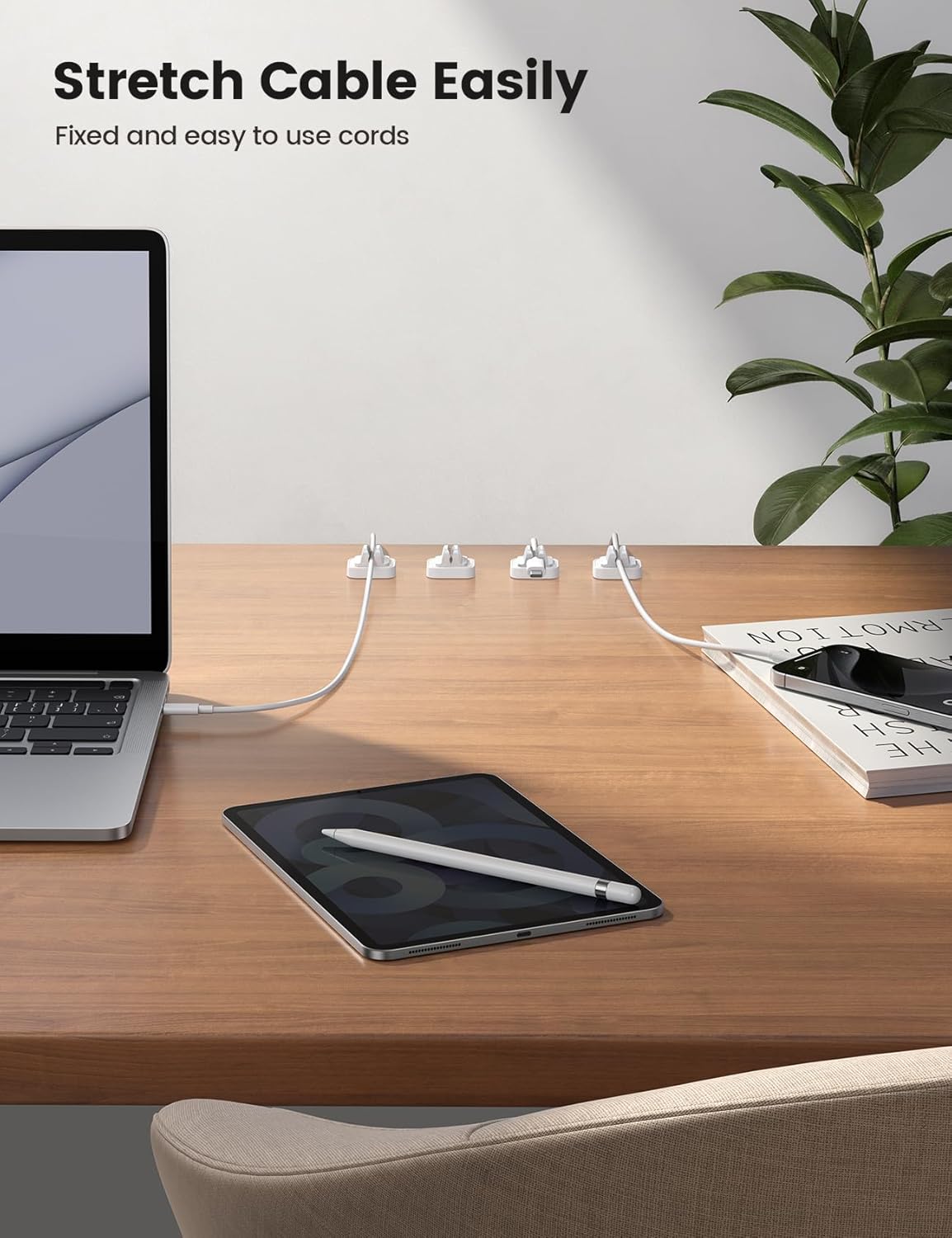 Thumbnail 3 de [5 Pack] Lamicall Spring Cable Holder Clips (White) – Adjustable self-adhesive cord tidy for desk and wall, 8mm