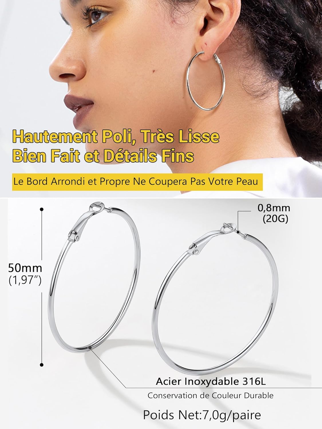 Thumbnail 5 de PROSTEEL Créoles Femme en Acier Inoxydable et Plaqué Or – Boucles d'Oreilles Anneaux Croix 50 mm