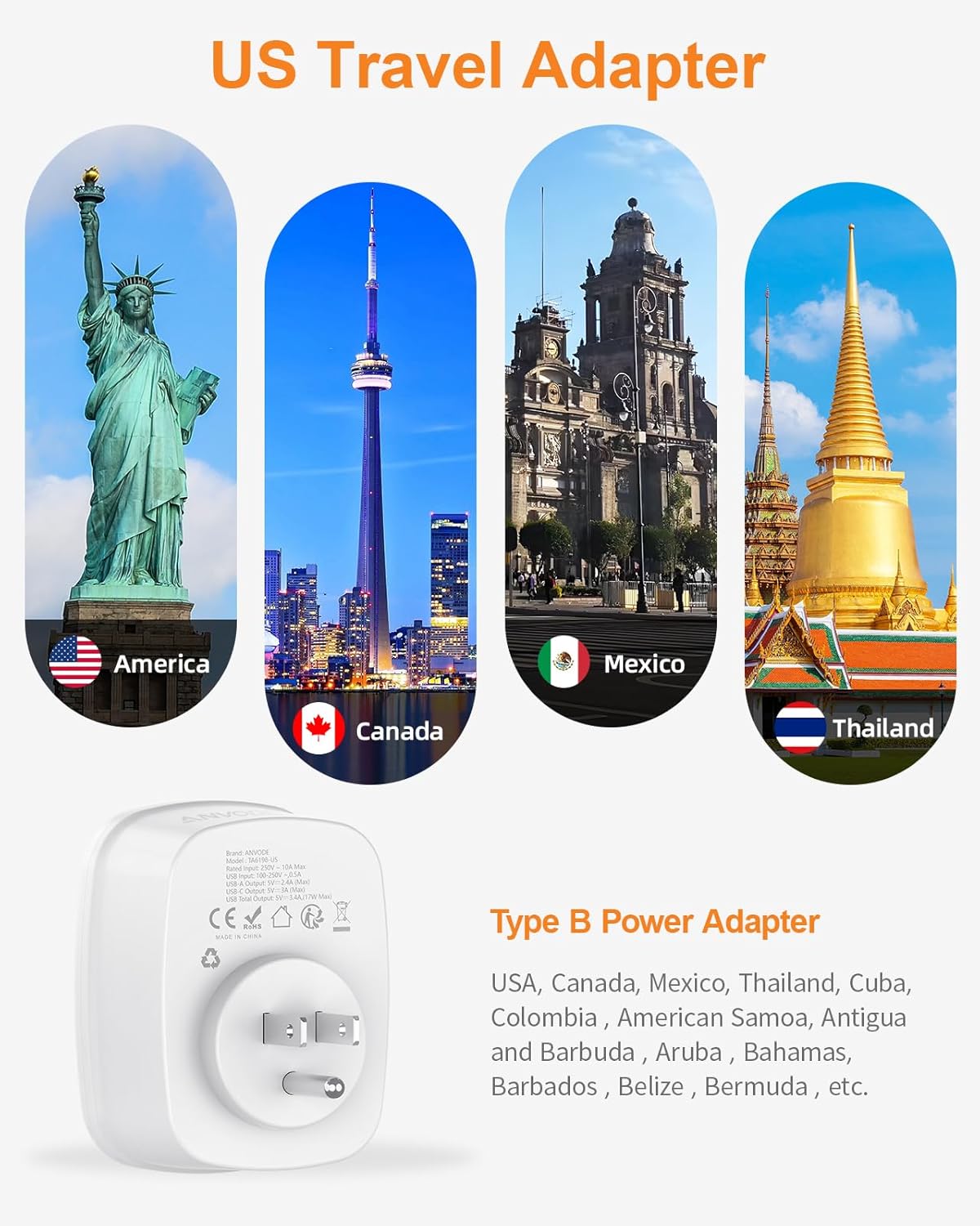 Thumbnail 1 de USA-Reiseadapter 5-in-1 (Typ B) mit 2× USB-C und 2× USB-A + AC-Buchse – für EU zu USA, Kanada, Mexiko, Thailand