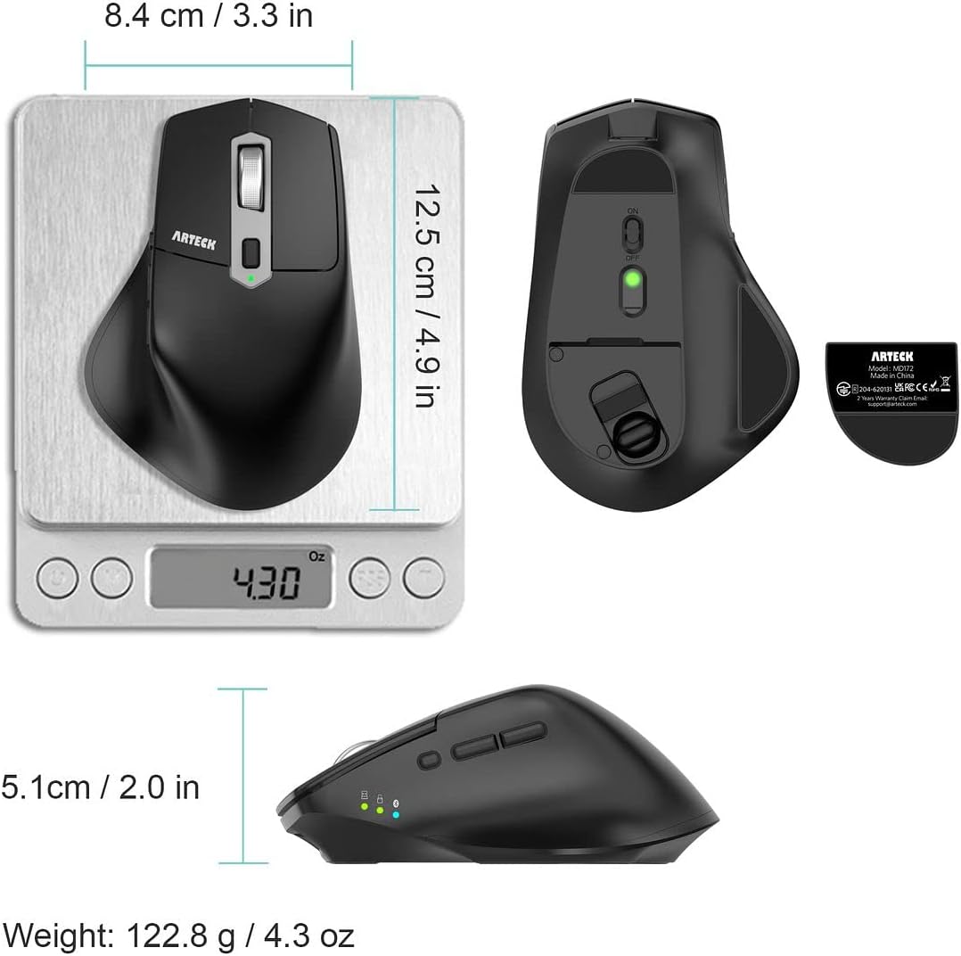 Thumbnail 5 de Arteck MD172 Multi-Device Wireless Bluetooth Mouse (Nano USB-A & USB-C receivers) – silent, rechargeable ergonomic right-hand mouse