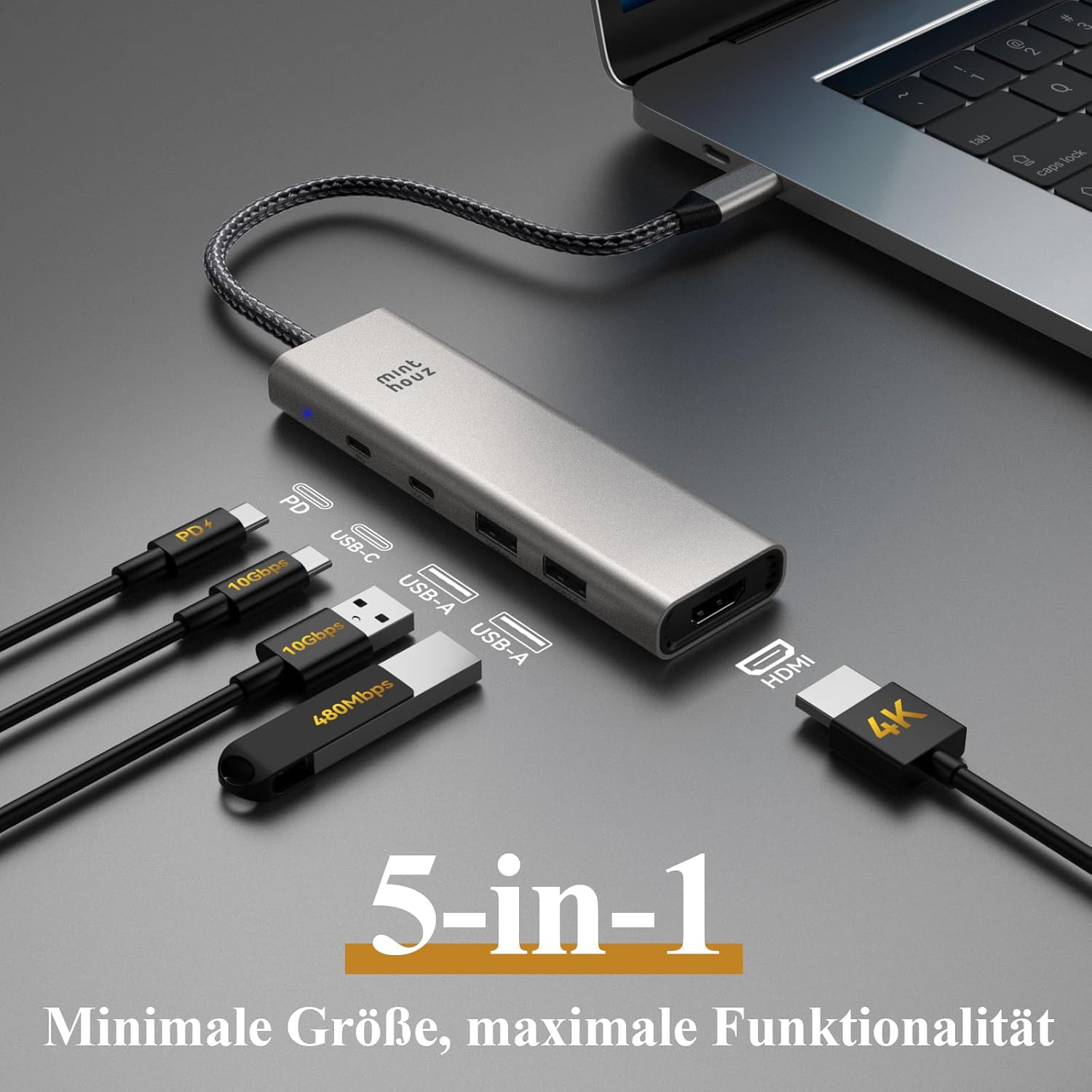 Thumbnail 1 de Minthouz USB C Hub 5-in-1 Dock: 125W PD, 4K@60Hz HDMI, 10Gbps USB-C, 2x USB-A – kompakte Dockingstation für Dell, Lenovo, MacBook Pro/Air und iPad Pro