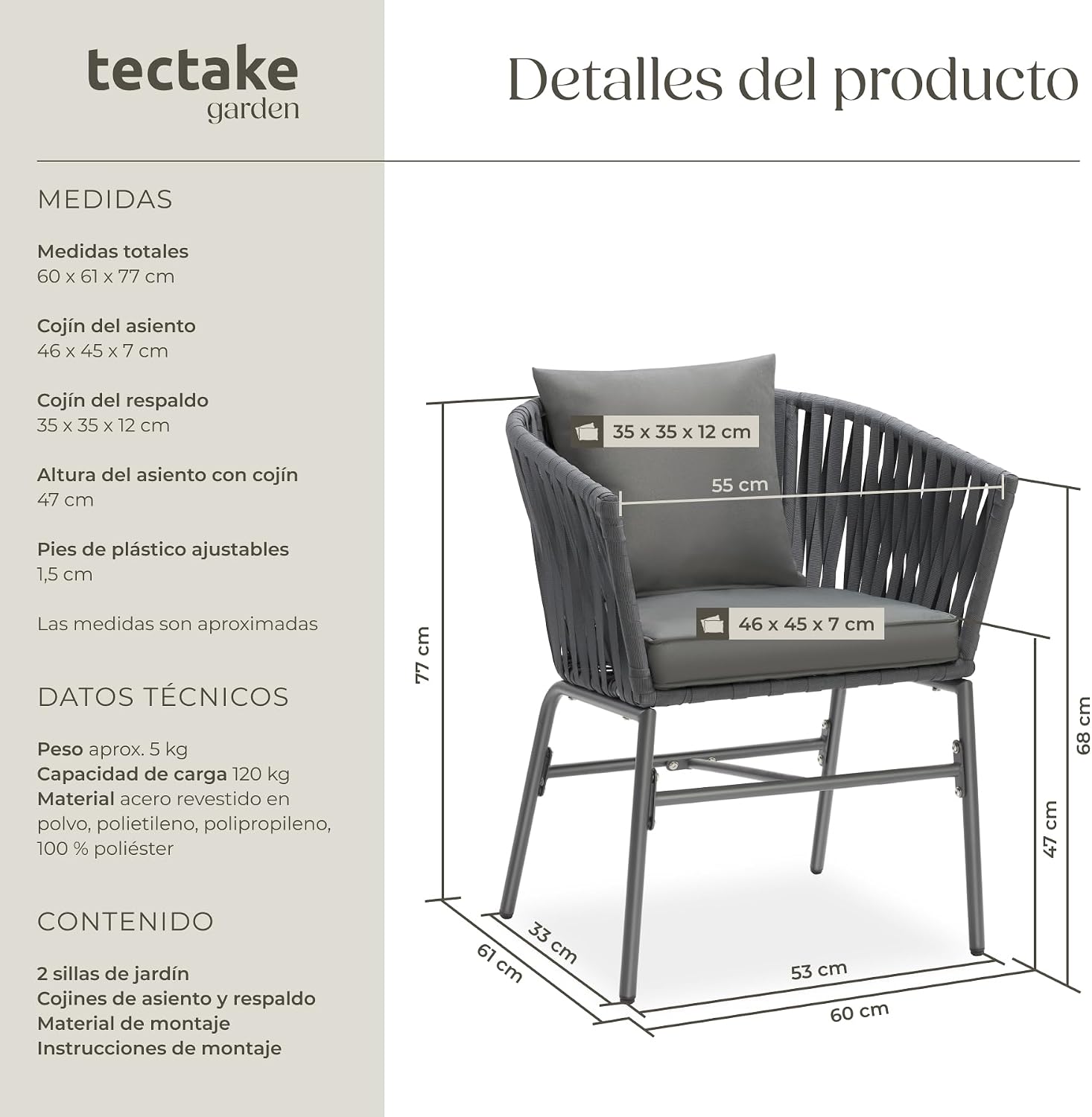 Detalle de tectake® Sillas Jardin Exterior con Cojines 7 cm