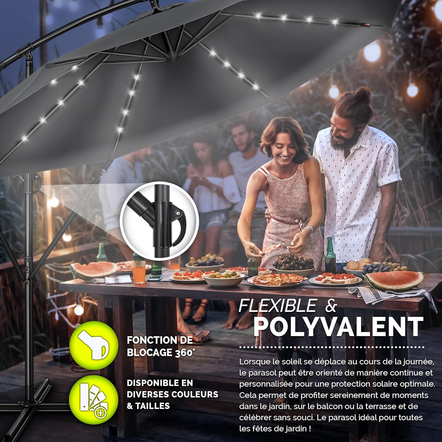 Thumbnail 5 de Tillvex parasol déporté LED solaire hexagonale de 3 m avec manivelle