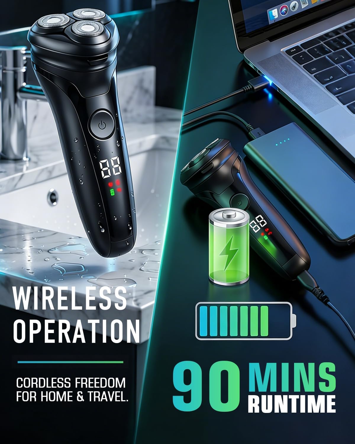 Detalle de Neialla Men's Electric Shavers: Cordless, 90-Min Run Time, IPX5 Wet & Dry & 3 Rotary Blades