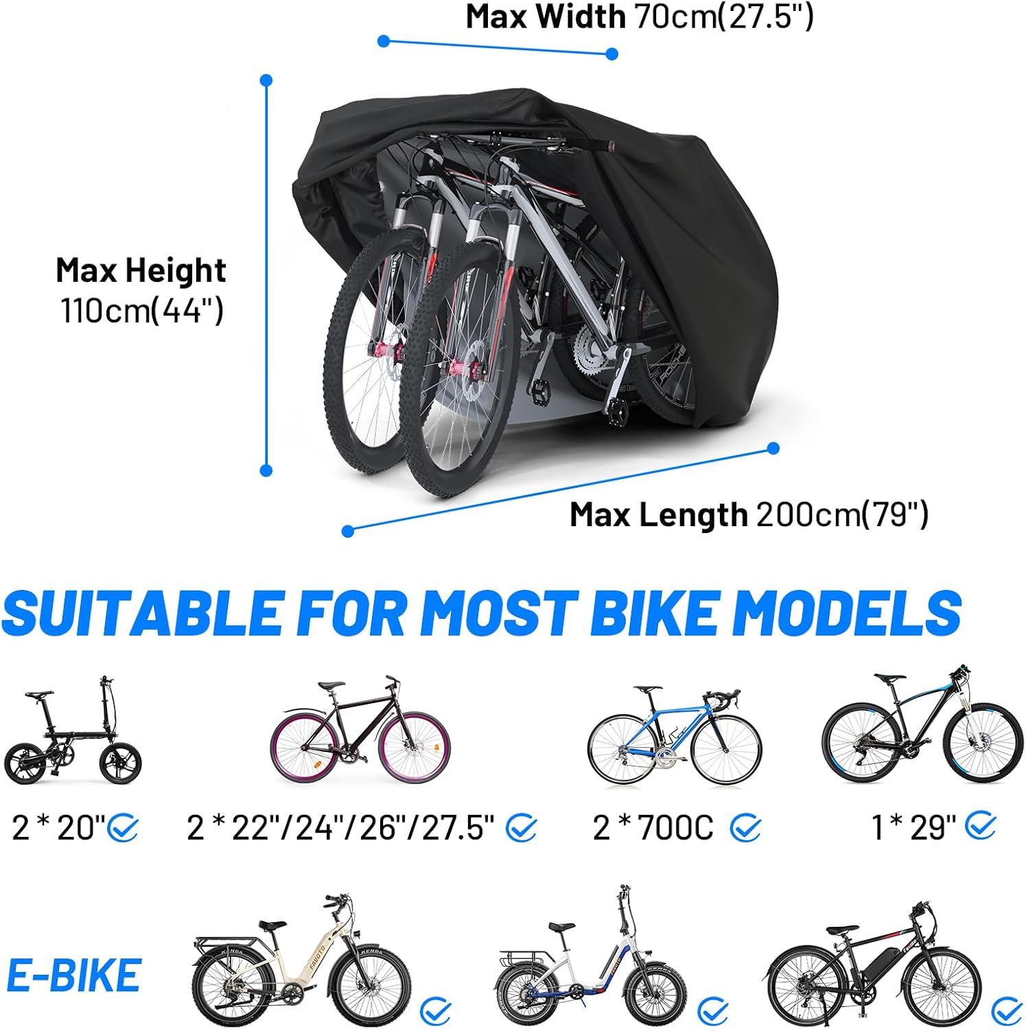 Detalle de Housse de vélo extérieure Favoto en tissu Oxford 210D imperméable 200x70x110 cm noire (VTT, route, montagne)