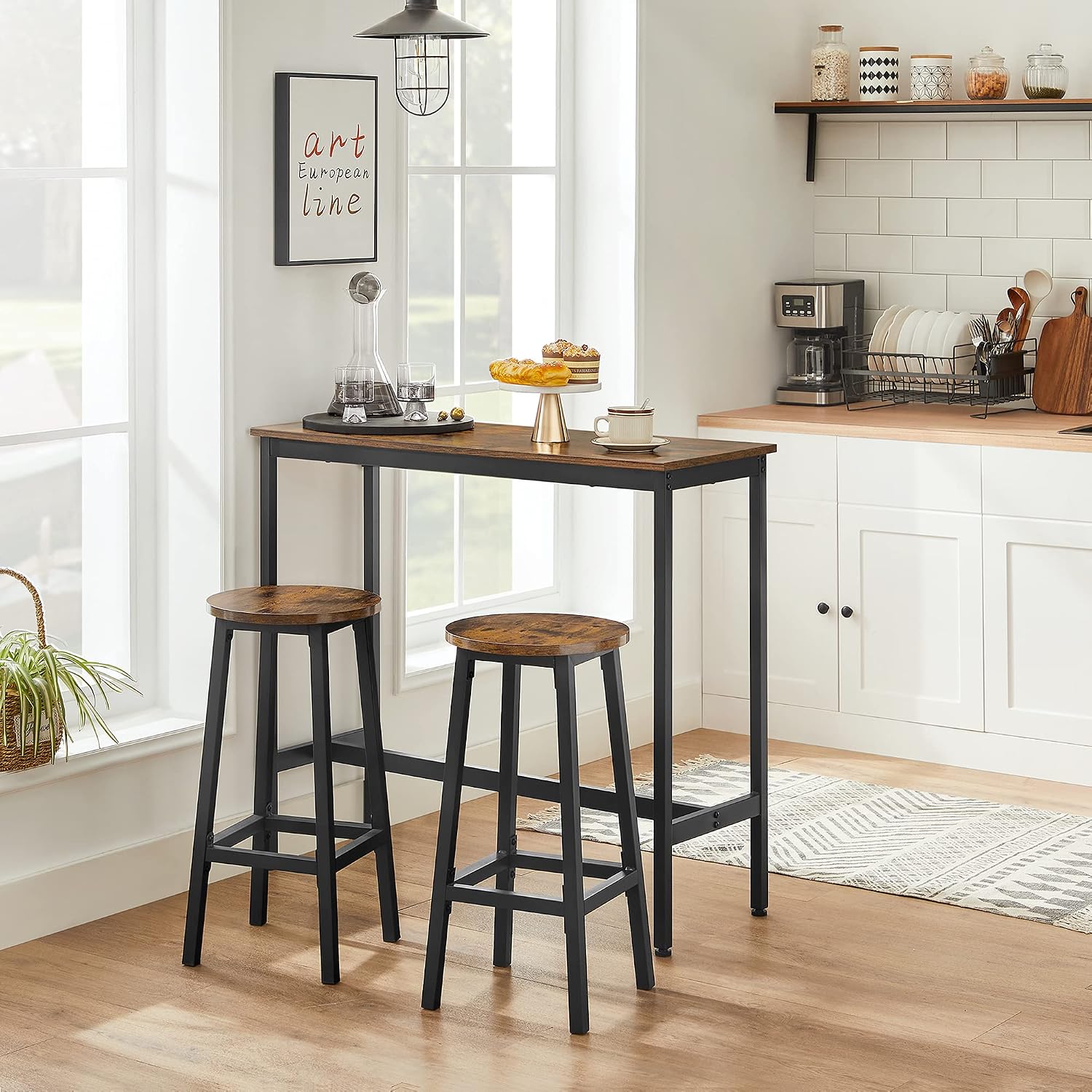 Thumbnail 1 de VASAGLE Dining Table Set: Bar Table with 2 Stools (100 x 40 cm) in Rustic Brown & Ink Black