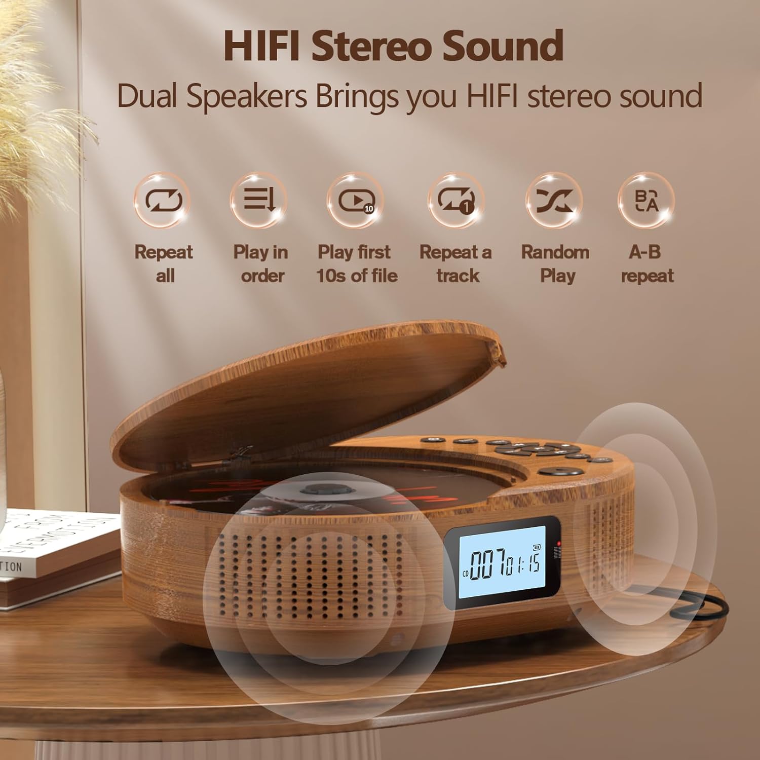 Detalle 2 de Lecteur CD Boombox 2-en-1 Bluetooth rechargeable avec radio FM et haut-parleur (télécommande, AUX/USB, prise casque)
