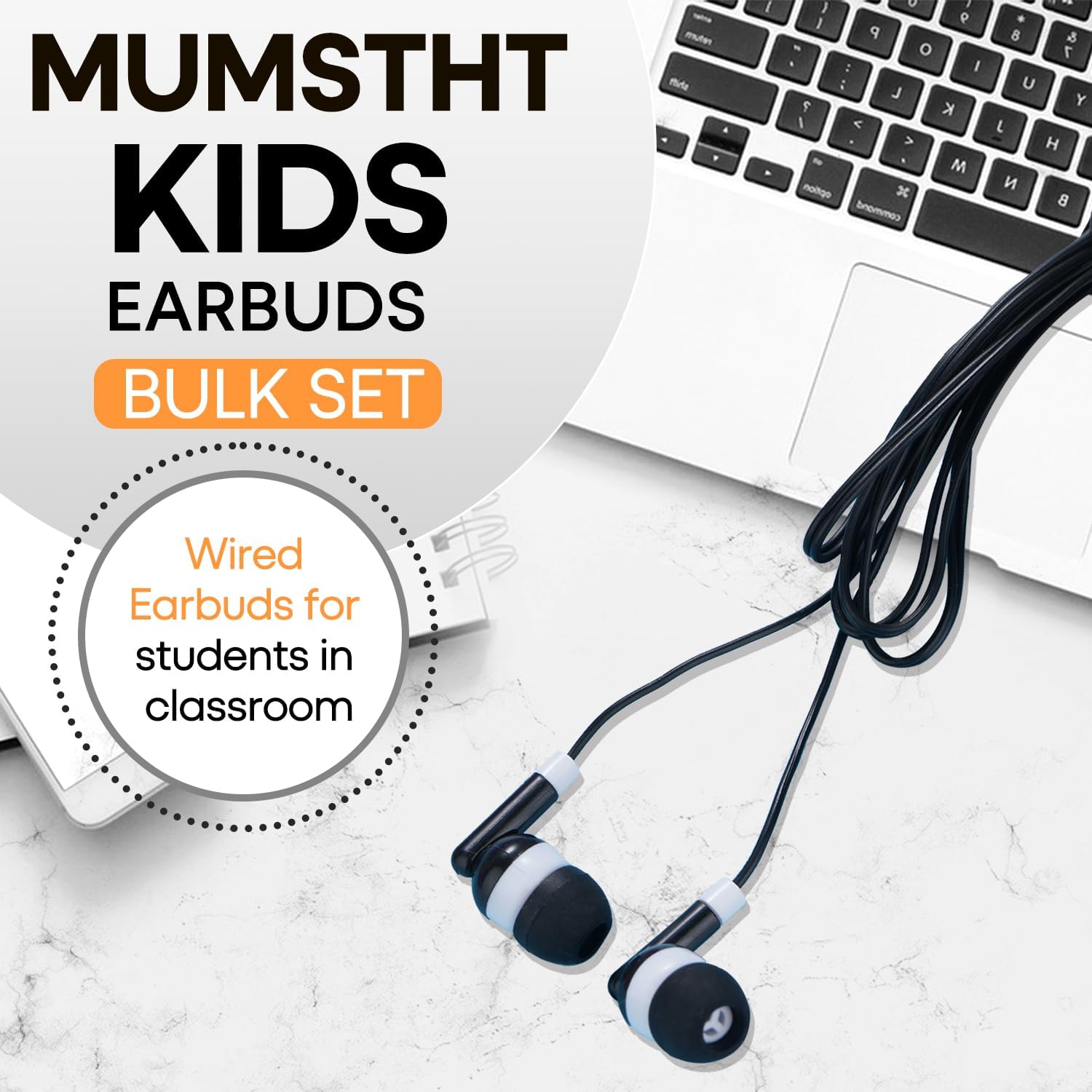 Detalle de MUMSTHT YS101 Kids Wired Earbuds, 30-Pack, Black with 3.5 mm Plug