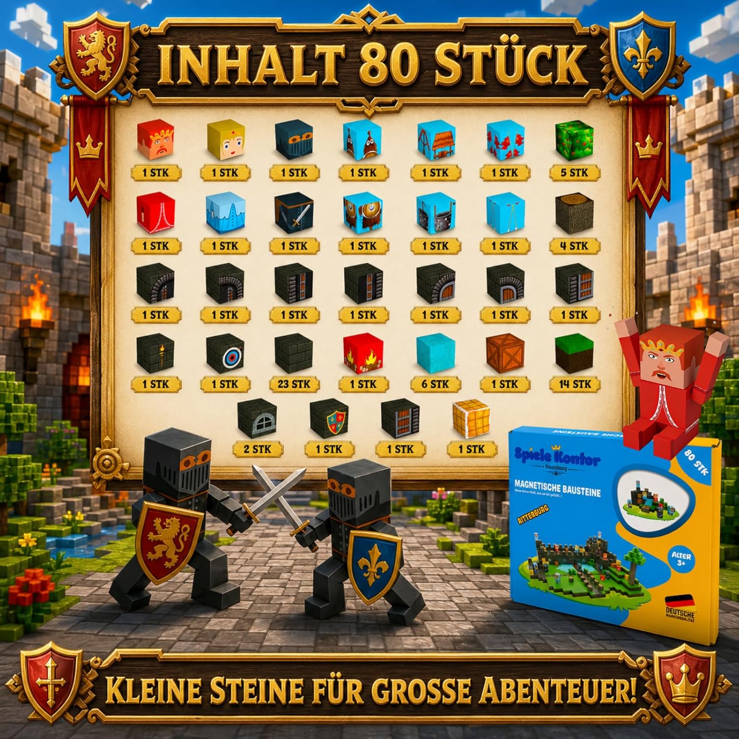 Detalle 2 de Spiele Kontor Hamburg Magnetische Ritterburg-Bausteine – 80 Teile