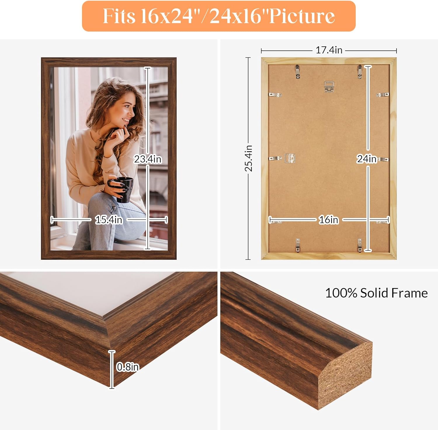 Thumbnail 4 de 16x24 Wood Frame Brown (Rustic Natural 24x16) with HD Plexiglass, Rotating Back Button — 16 x 24 / 24 x 16 Gallery Wall Picture Frame