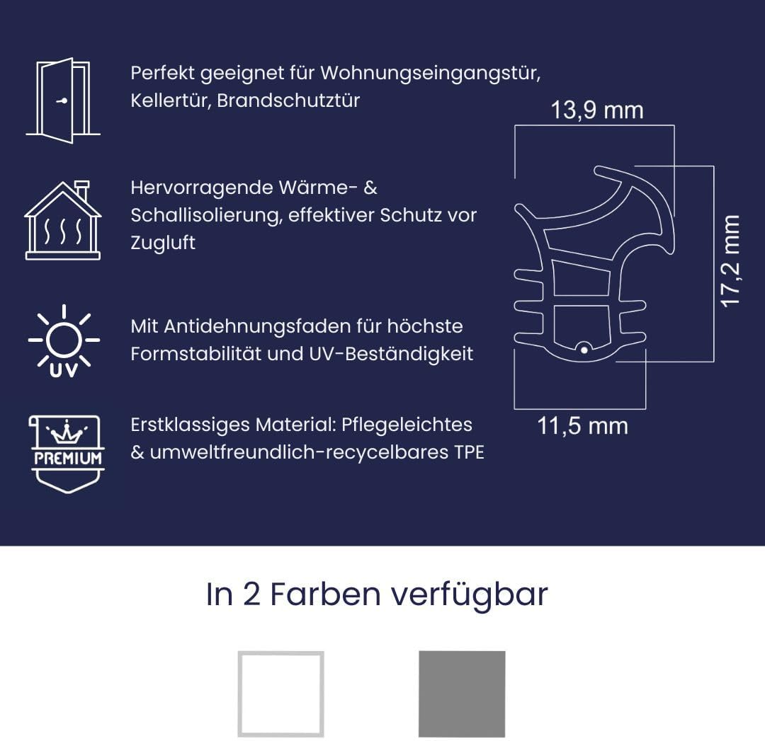 Detalle de Dikara Stahlzargendichtung Grau 5 m – Türdichtung gegen Zugluft, Lärm & Staub (Dichtungsbreite 14 mm, Höhe 17 mm)