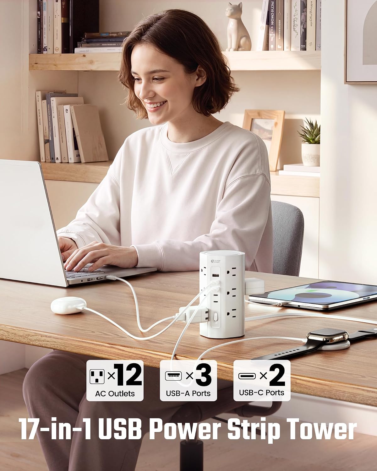 Detalle 2 de Tower Power Strip: 17-in-1 Surge Protected Desk Charging Tower with 12 AC Outlets and 5 USB Ports (2 USB-C)