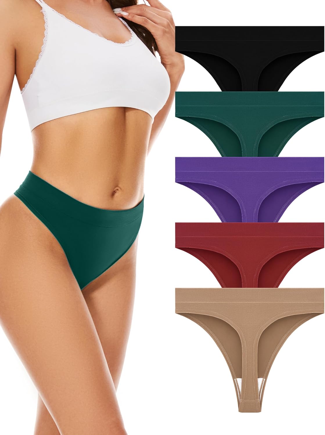 Detalle de VOENXE Seamless High-Waisted Thongs for Women (5-Pack): Breathable, No VPL Comfort You Can Rely On