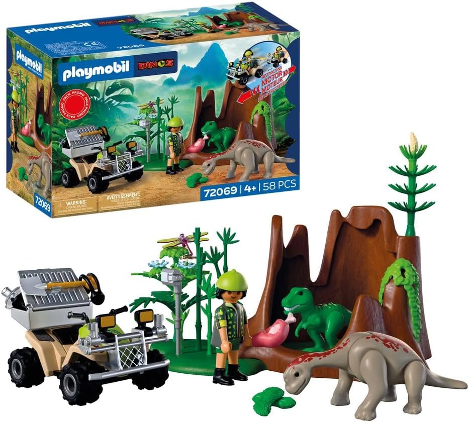 Detalle de PLAYMOBIL Dinos Dinoversteck | Dino-Forscher mit Quad, T-Rex-Baby & Brachiosaurus-Baby | 72069