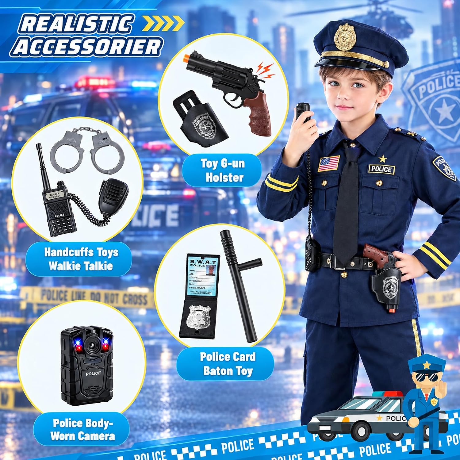 Detalle de GiftInTheBox Kids Police Costume, 12-Piece Blue Uniform and Accessory Set