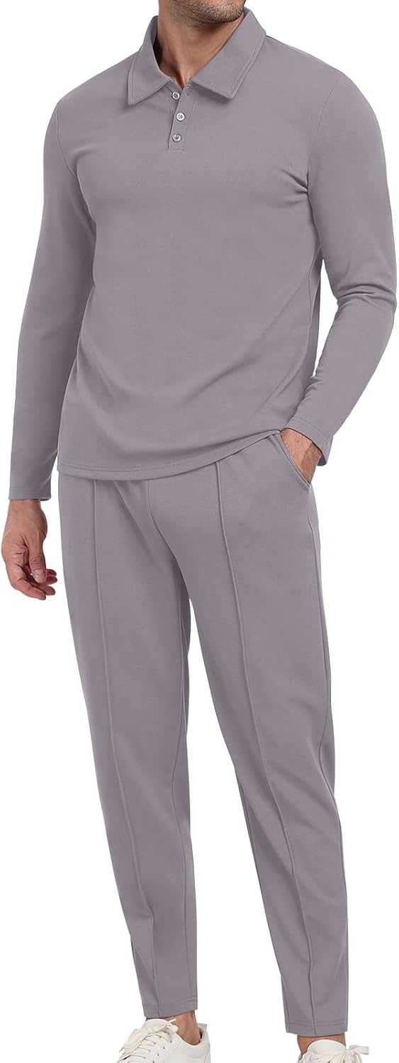 Detalle de KUYIGO Men's Tracksuits Polo 2 Piece Outfit – Polo neck, waffle knit, 2-piece tracksuit