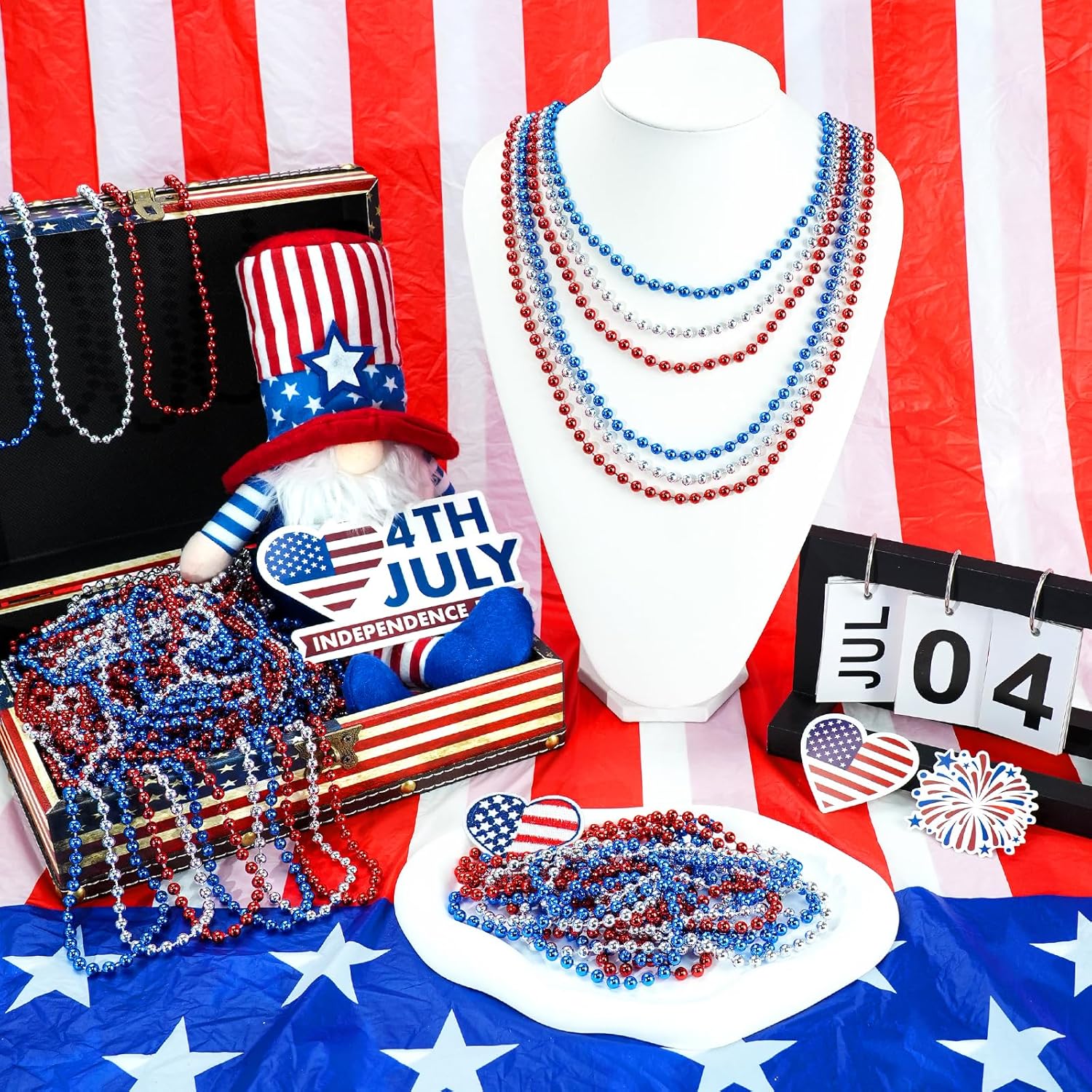 Thumbnail 4 de 100 PCS Blue Bead Necklace Set for Mardi Gras, 4th of July & Themed Parties (33" total)