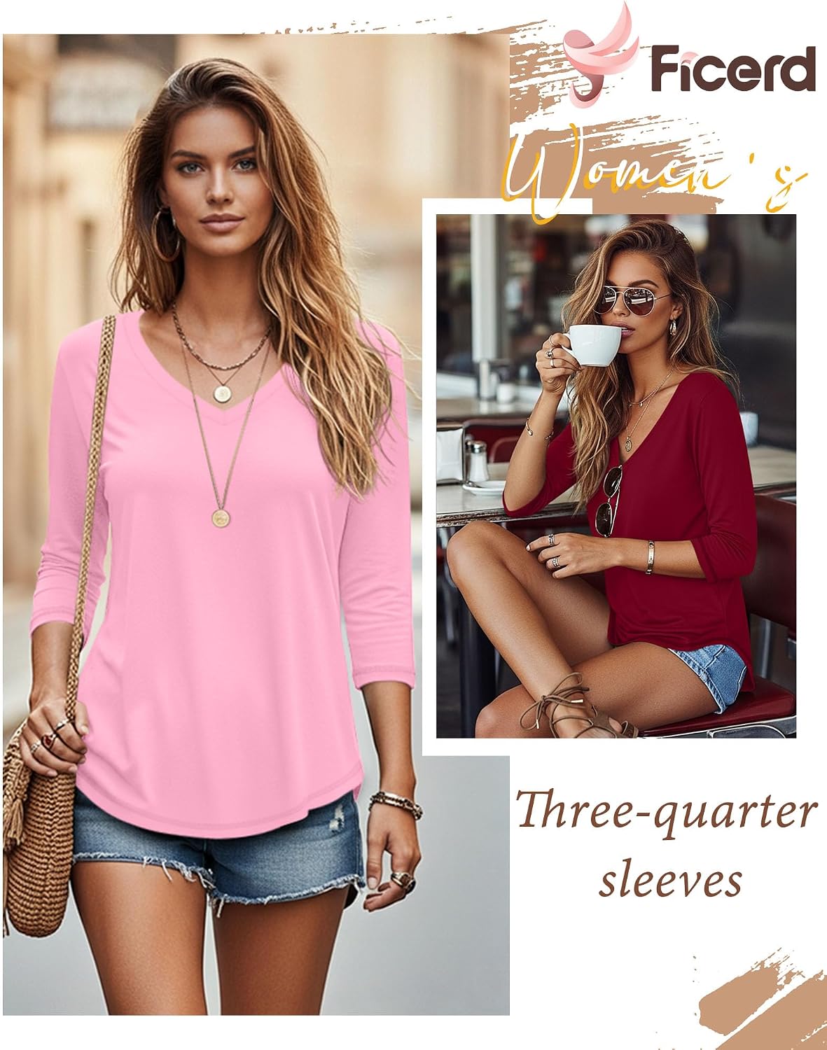 Thumbnail 2 de Ficerd 3 Pack Women's 3/4 Sleeve V-Neck T Shirts - Loose Fit Casual Tees