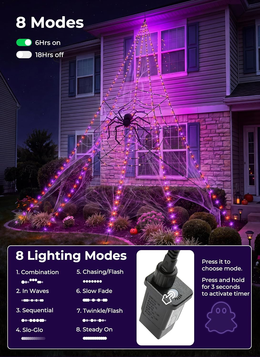 Detalle 2 de Brightown 312-LED Giant Spider Web Lights with Plush Spider, 8 Modes, IP65