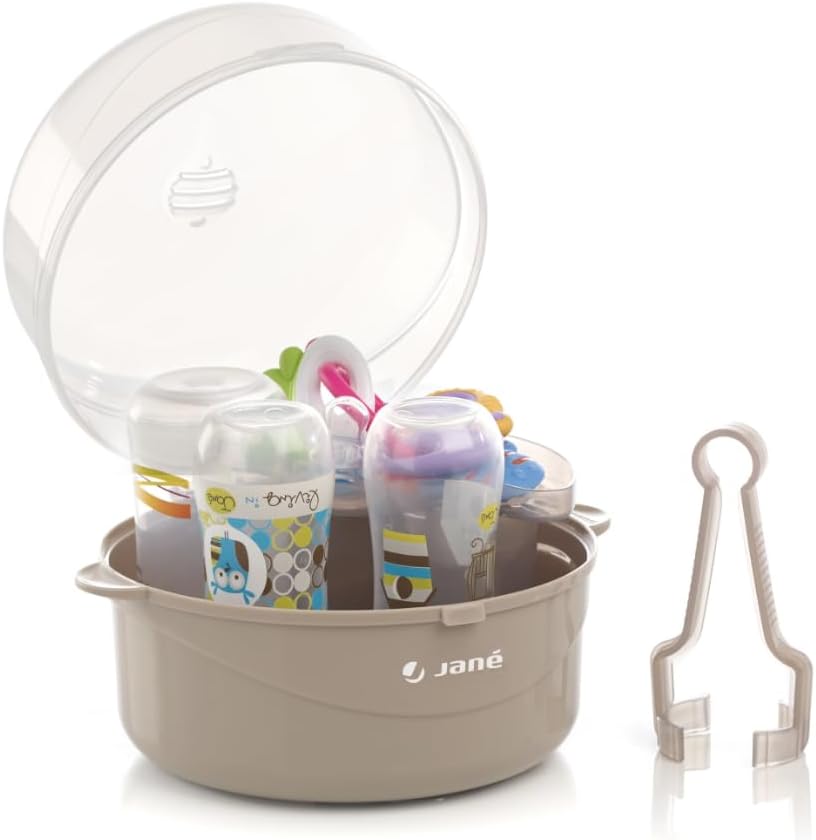 Stérilisateur micro-ondes Jané pour 6 biberons, avec panier tétines et pince, sans BPA (gris)