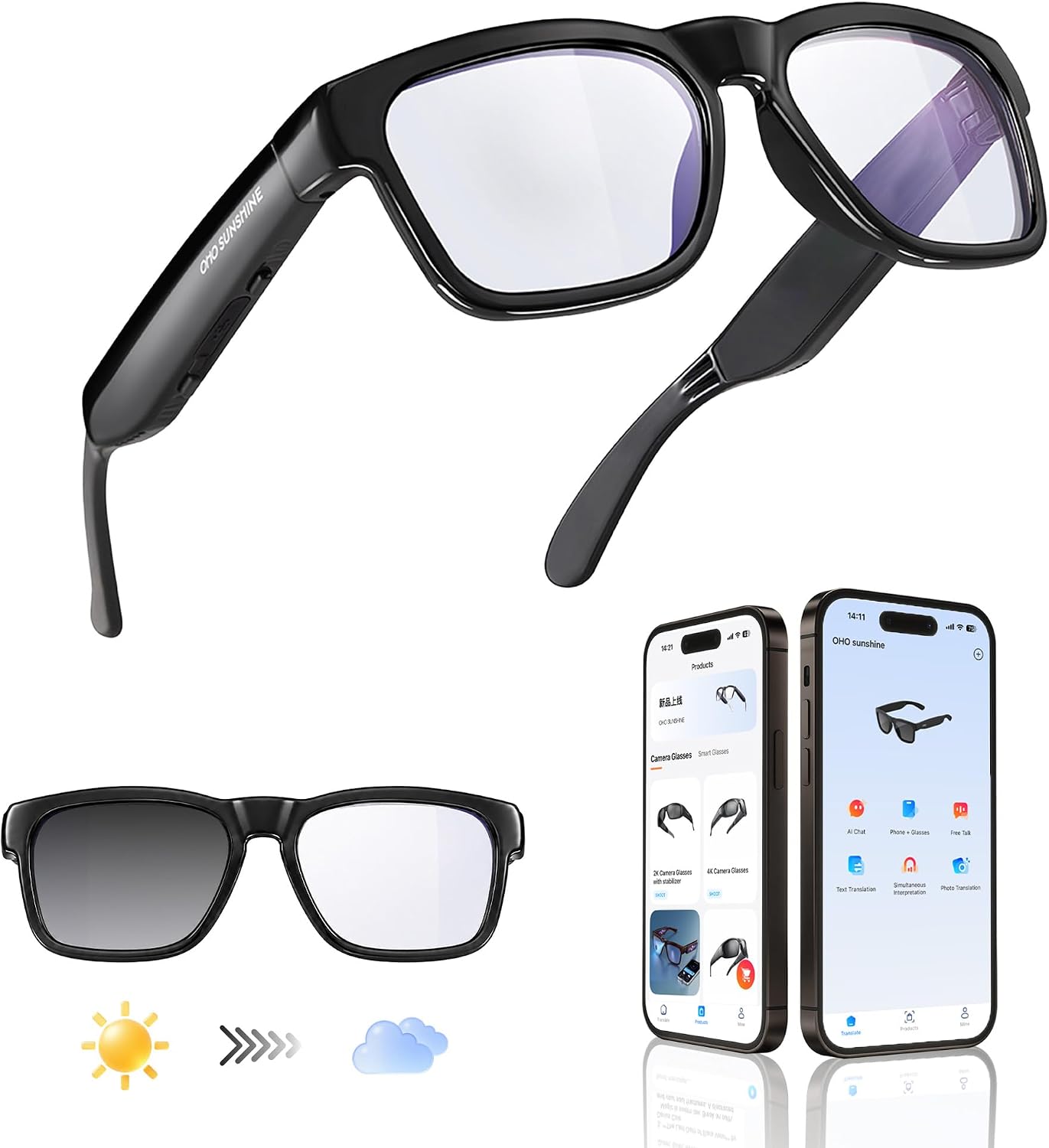 Detalle de OhO sunshine AI Smart Glasses with Photochromic Z87.1 Lenses and Open-Ear Audio