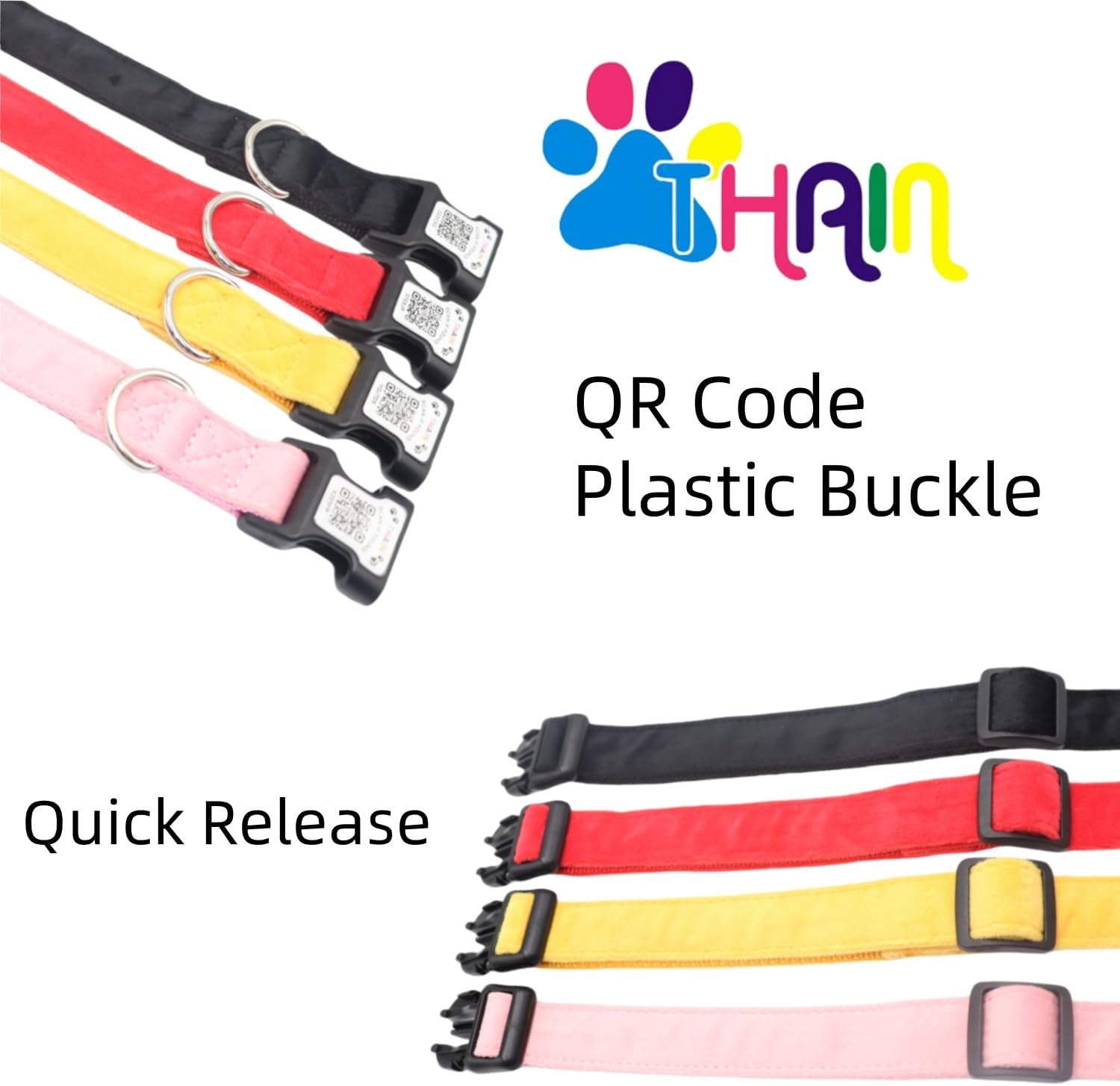 Detalle 2 de THAIN Smart QR Code Dog Collar (Nylon & Velvet) with Unique ID Registration, Adjustable Plastic Buckle – Medium (Black/Red/Pink/Yellow)