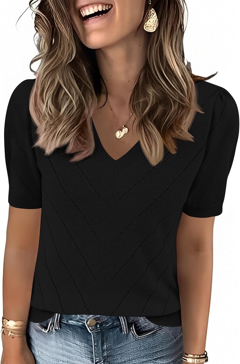 Thumbnail 6 de LOMON Women's Puff Sleeve Lightweight V-Neck Knit Top — Versatile Summer to Fall Workwear