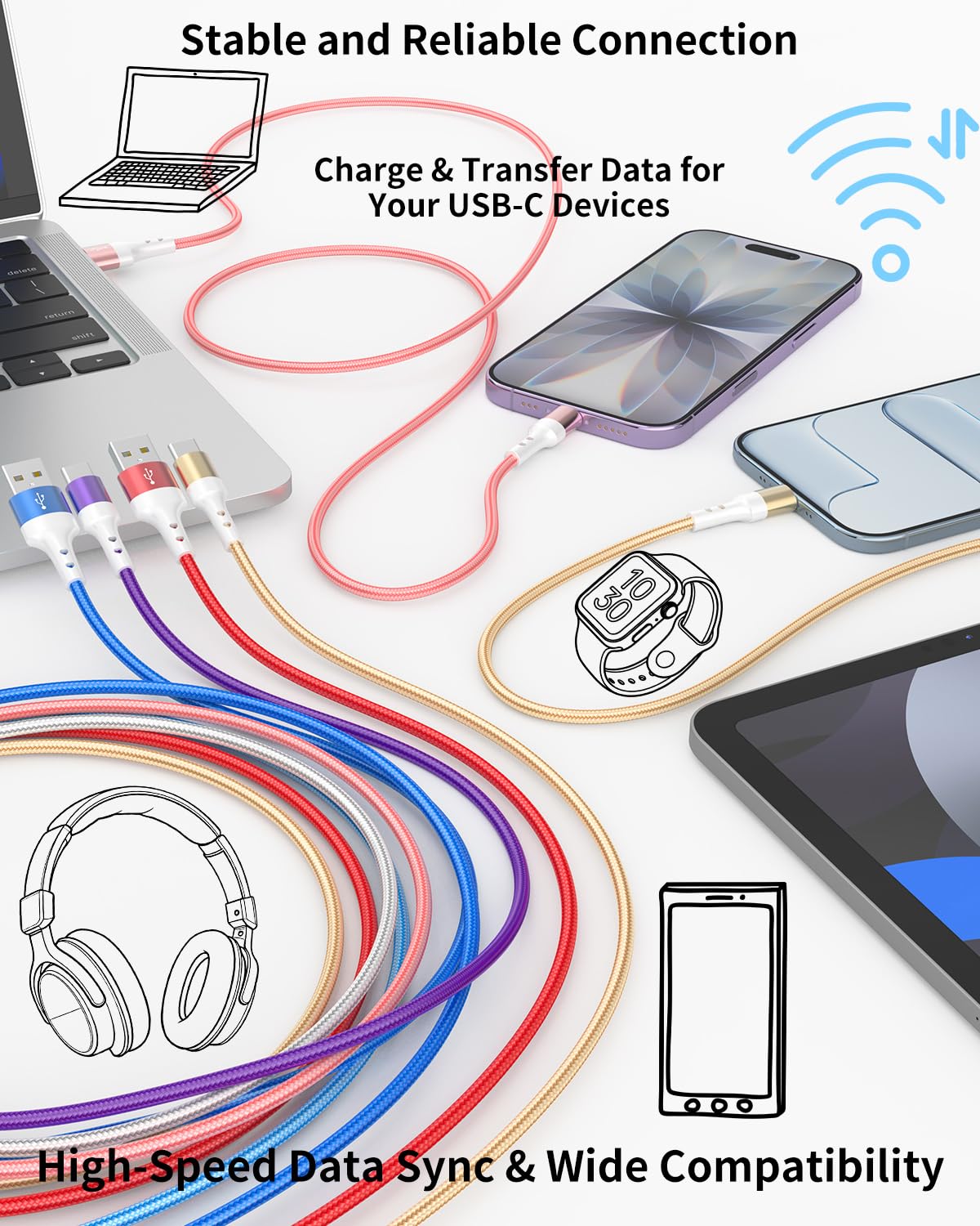 Thumbnail 6 de HKYUSHINE USB C Charger Cable 5-Pack: Long-Neck, Reinforced 3.1A USB-A to USB-C Cables