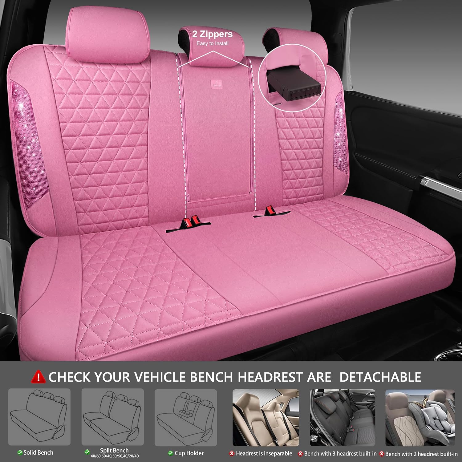 Detalle 2 de CAR PASS Bling Diamond Pink Leather Car Seat Covers Full Set