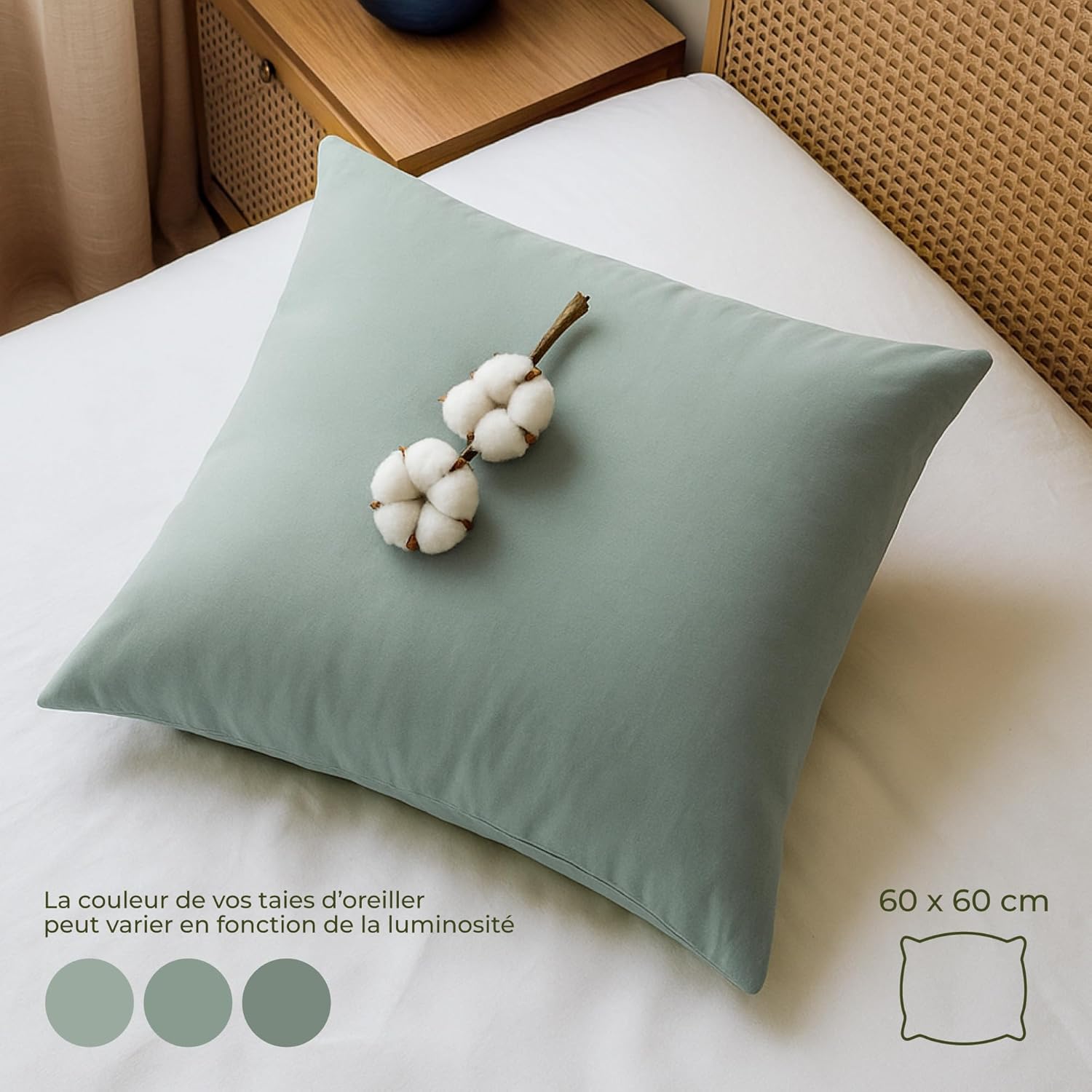 Thumbnail 2 de Dreamzie Taie d’oreiller 60x60 cm en coton biologique (lot de 2) vert, fermeture éclair