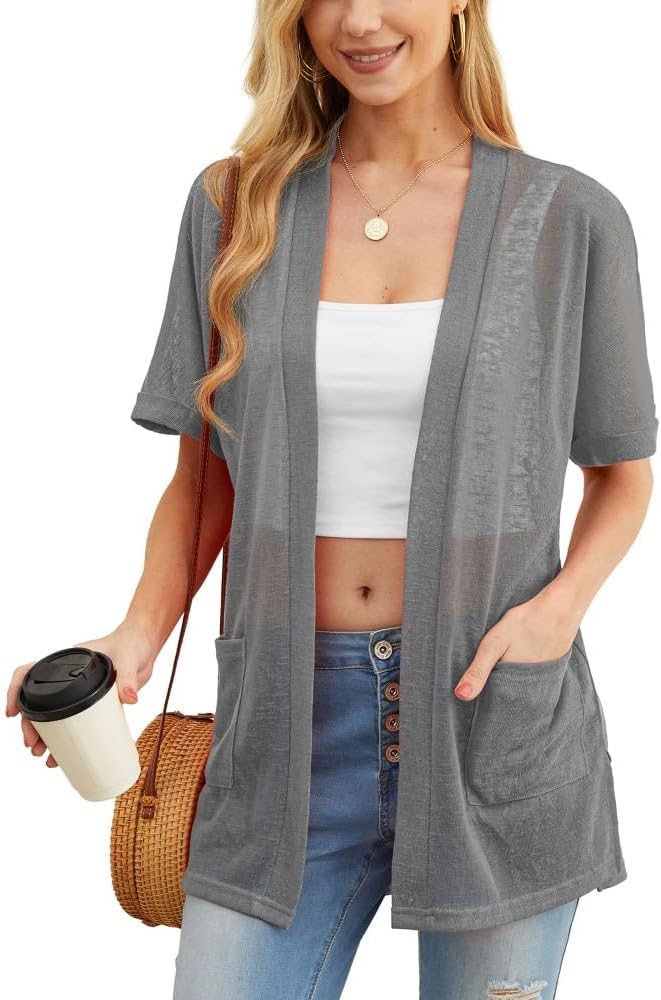 Detalle de PrinStory Women’s Lightweight Cardigan Long Sleeve – Open Front V-Neck with Pockets (Polyester/Spandex)