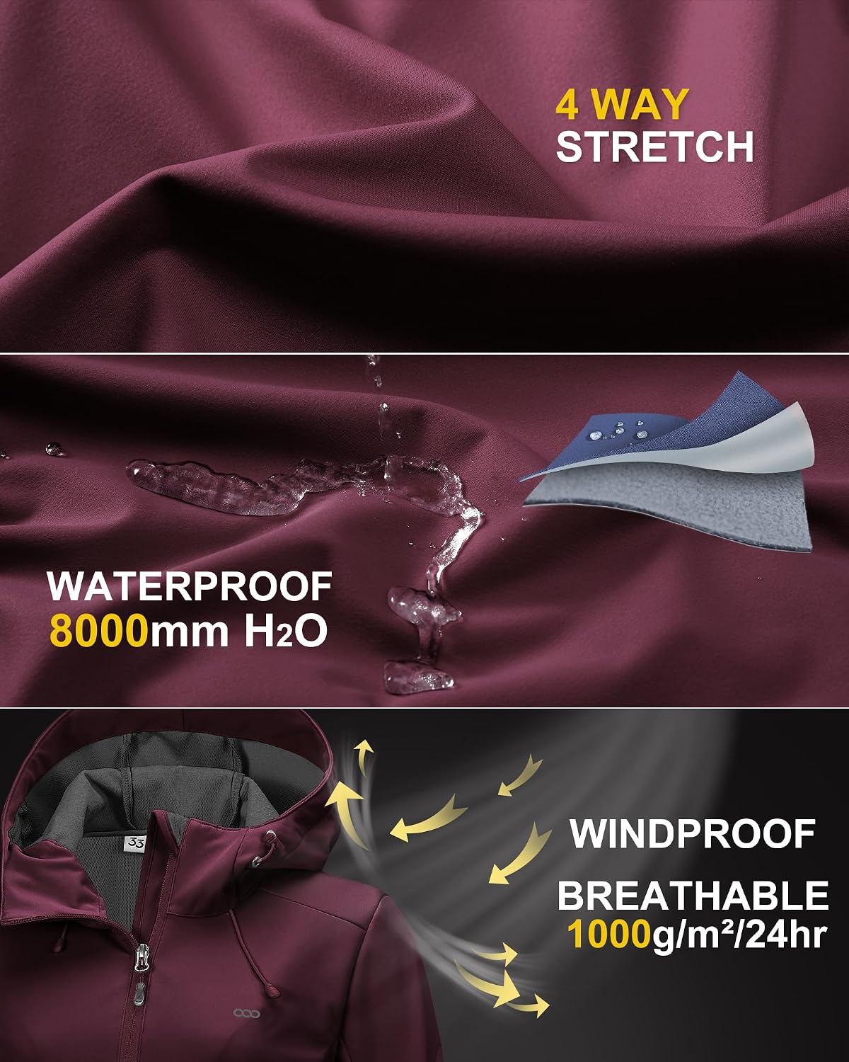 Detalle 2 de 33,000ft Damen Softshelljacke – Wasserdichte, winddichte Funktionsjacke mit Kapuze