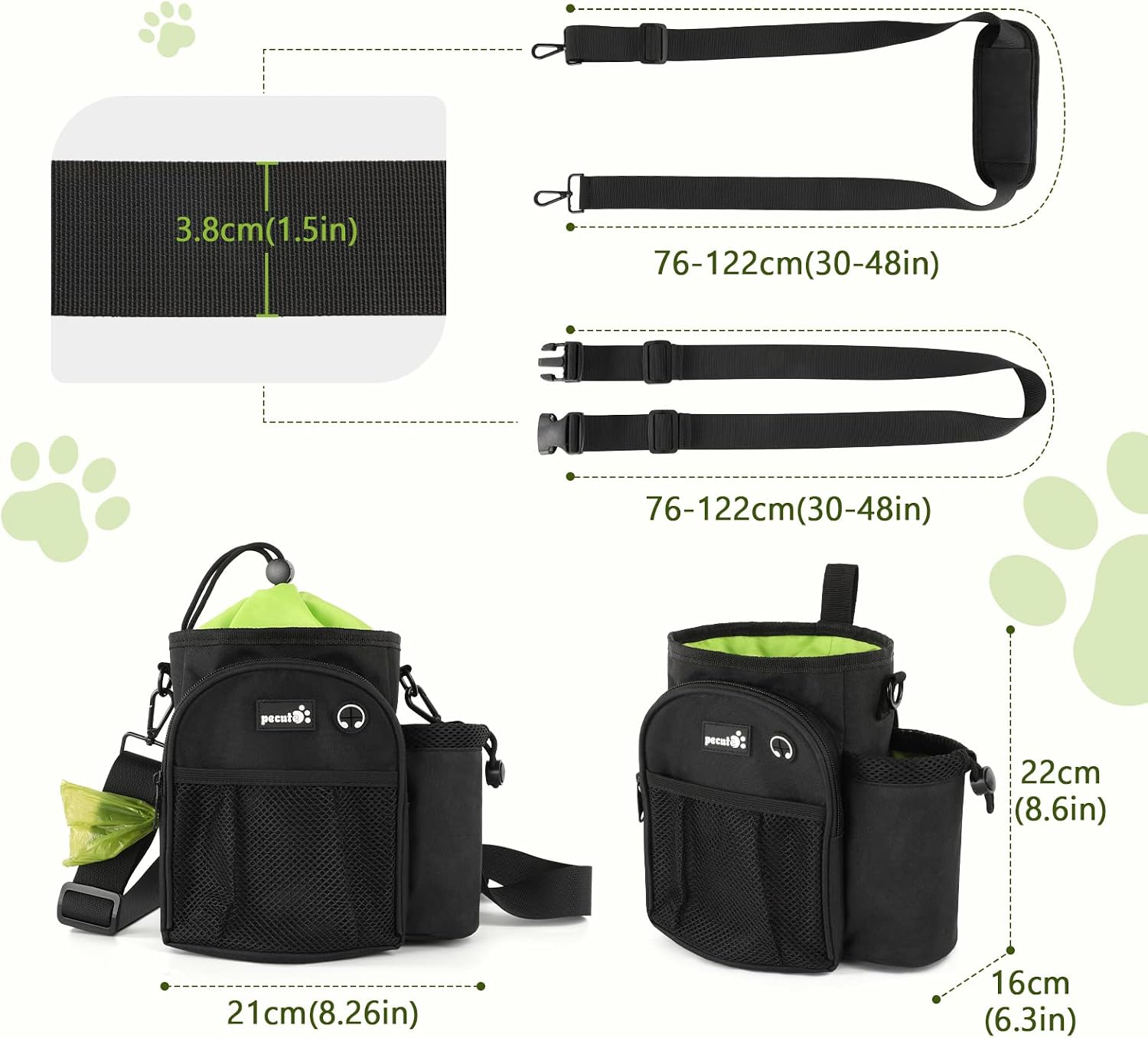 Detalle de Pecute XL Dog Walking Bag with Water Bottle Holder (Black) – 22×21×16CM, 5 Pockets, Waterproof