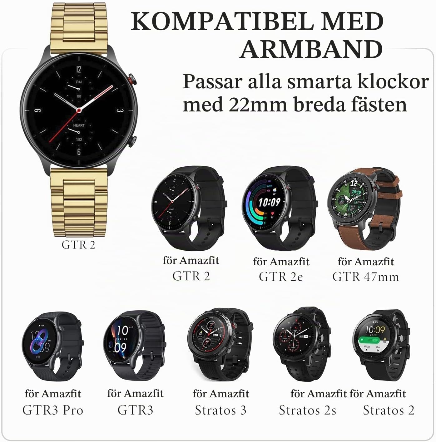 Detalle de YABZOZ 22 mm metallarmband i rostfritt stål för Amazfit GTR och Stratos