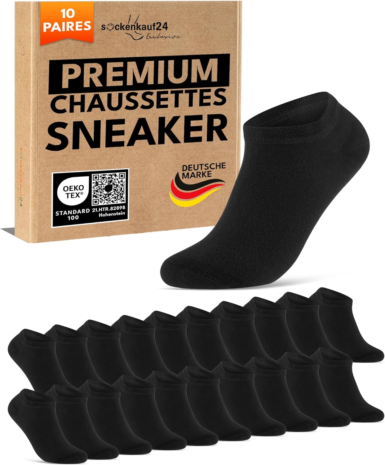 sockenkauf24 – Lot de 10 paires de chaussettes basses coton respirantes homme/femme