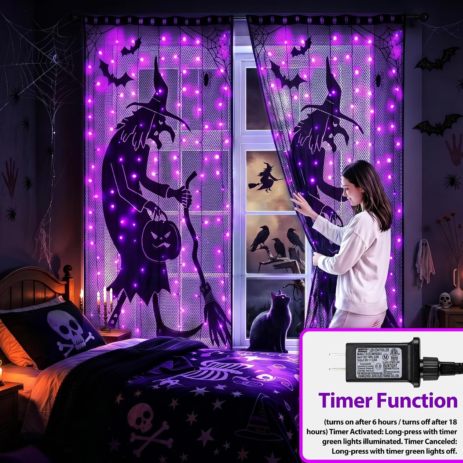 Detalle de Zeiliuled LED08230140 Purple Witch Curtain Lights, 140 LEDs, 8 Modes