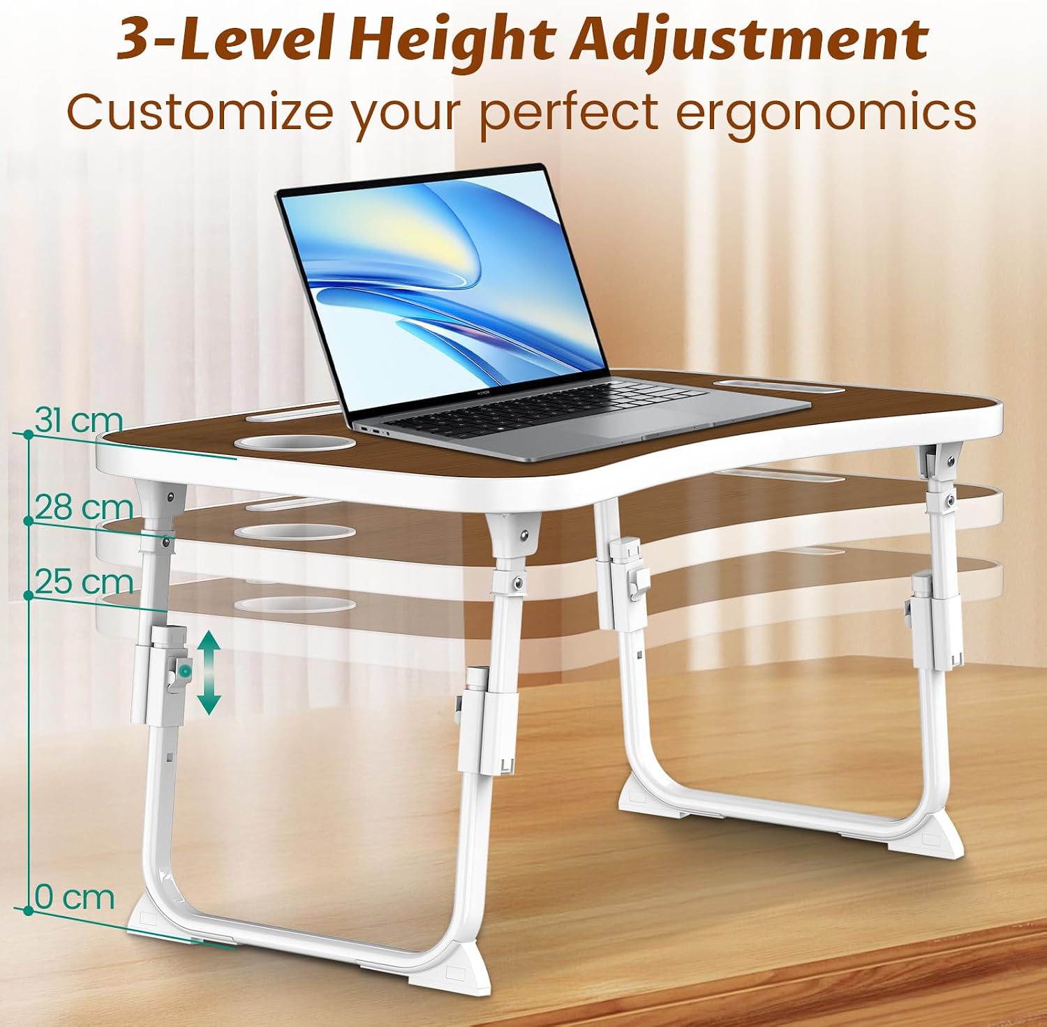 Detalle 2 de MeisterPro Laptop Table Height Adjustable, Foldable Bed Desk with Cup Holder & Phone Slot (60 x 40 x 25–31 cm)