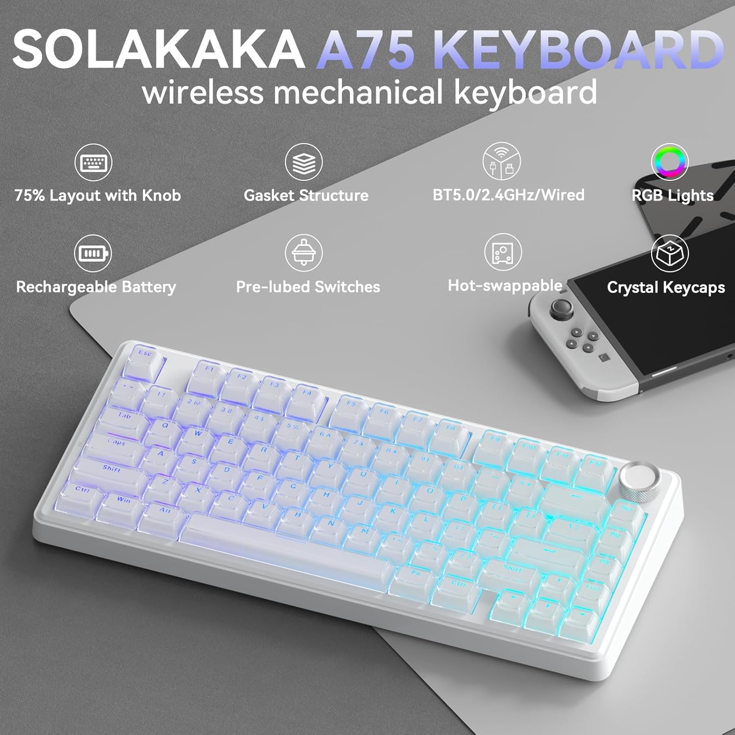 Detalle 2 de SOLAKAKA A75 Wireless Gaming Keyboard: 75% Mechanical, Hot-Swappable, Multimodal Connectivity