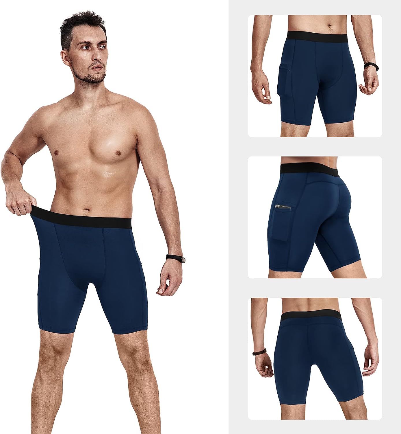 Detalle 2 de Niksa 1 or 3 Pack Mens Compression Shorts – Base Layer Running Shorts with Phone Pockets