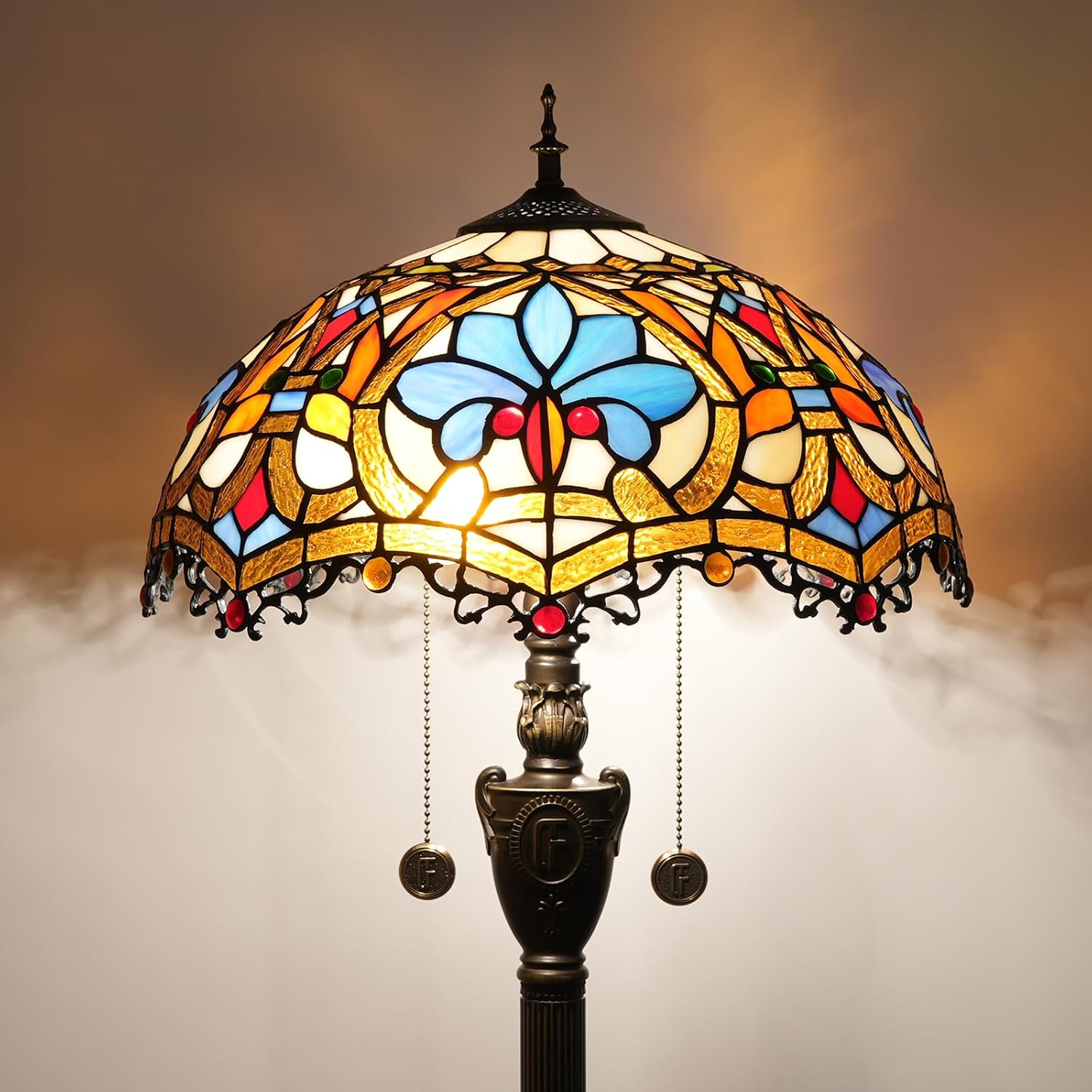 Detalle de Blivuself Tiffany Stehlampe – Buntglas, Vintage Bronze, E27 Doppel-Lichtquelle