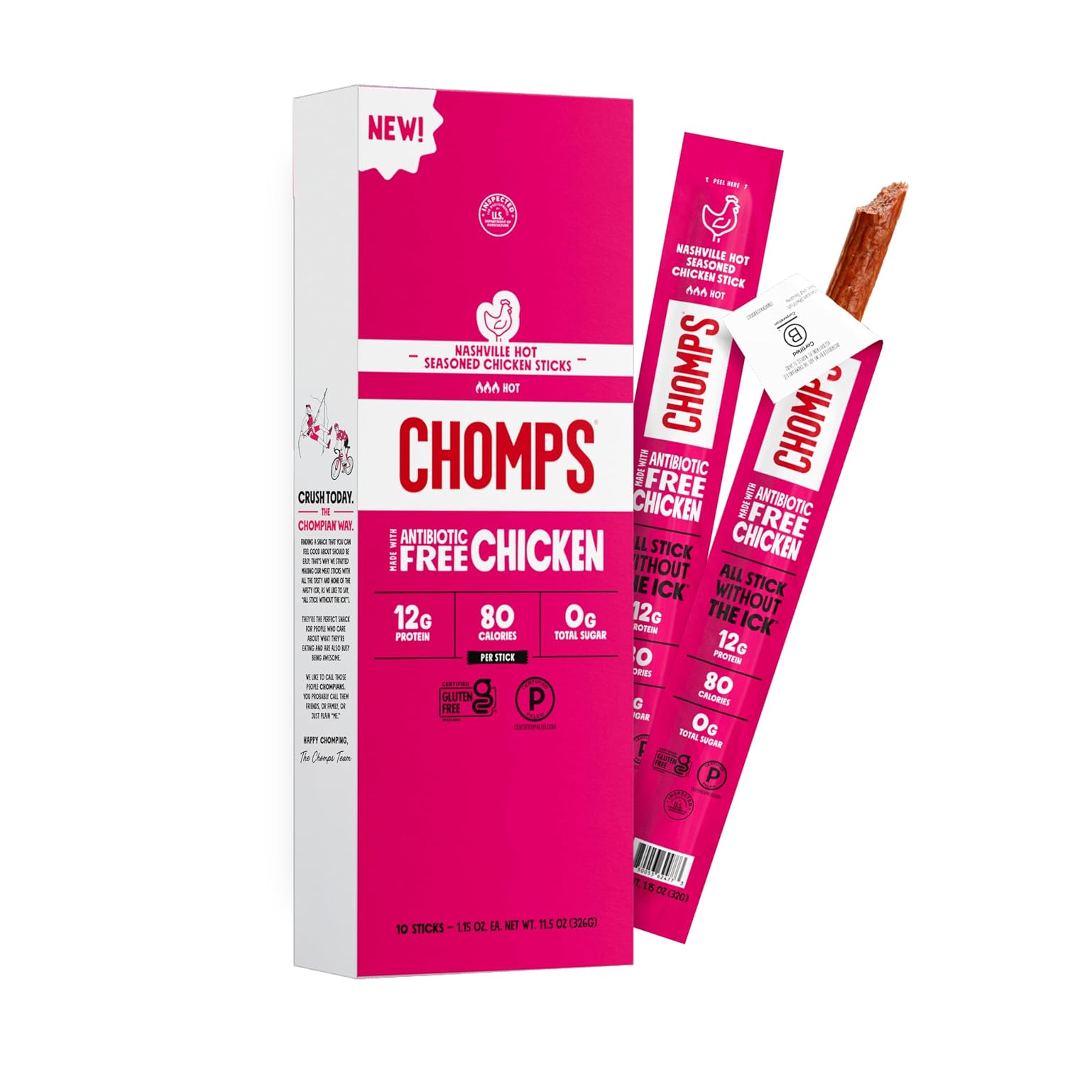 Detalle de Chomps Nashville Hot Chicken Snack Sticks, 12g Protein, Zero Sugar, 10 Count