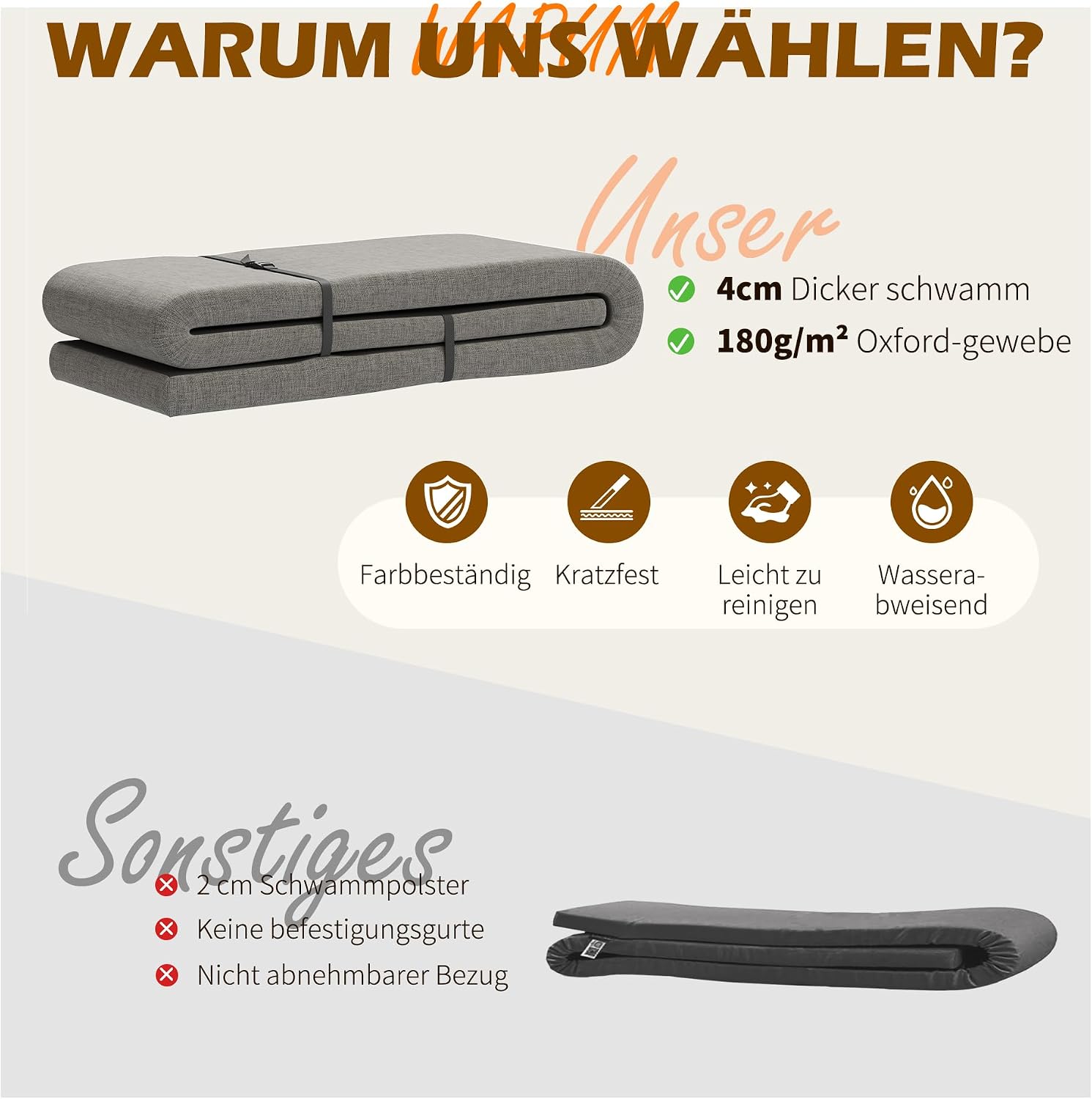 Thumbnail 6 de UDPATIO 2er-Set Bierbankauflagen mit Bezug (Hellgrau), waschbar, wasserdicht – 220 x 25 x 4 cm